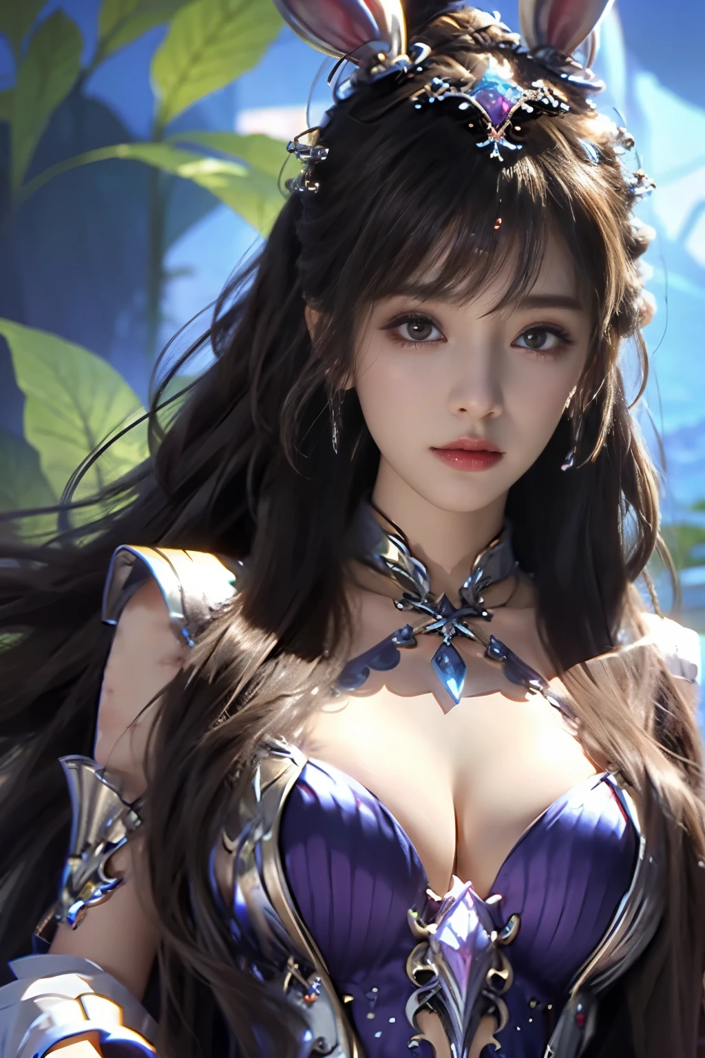 Close-up of a woman with rabbit ears and a sword, Queen of the Sea Mu Yanling, Zodiac Girl Knight Portrait, Lineage 2 style, Smooth anime CG art, Game CG, beautiful fantasy queen, Complex and gorgeous anime CGI style, drank, Close up view of goddess, anime goddess, dead, Realistic anime girl rendering,huge breasts,Larger breasts,amazing breast size,Expose cleavage,Naked breasts,Extensive nudity