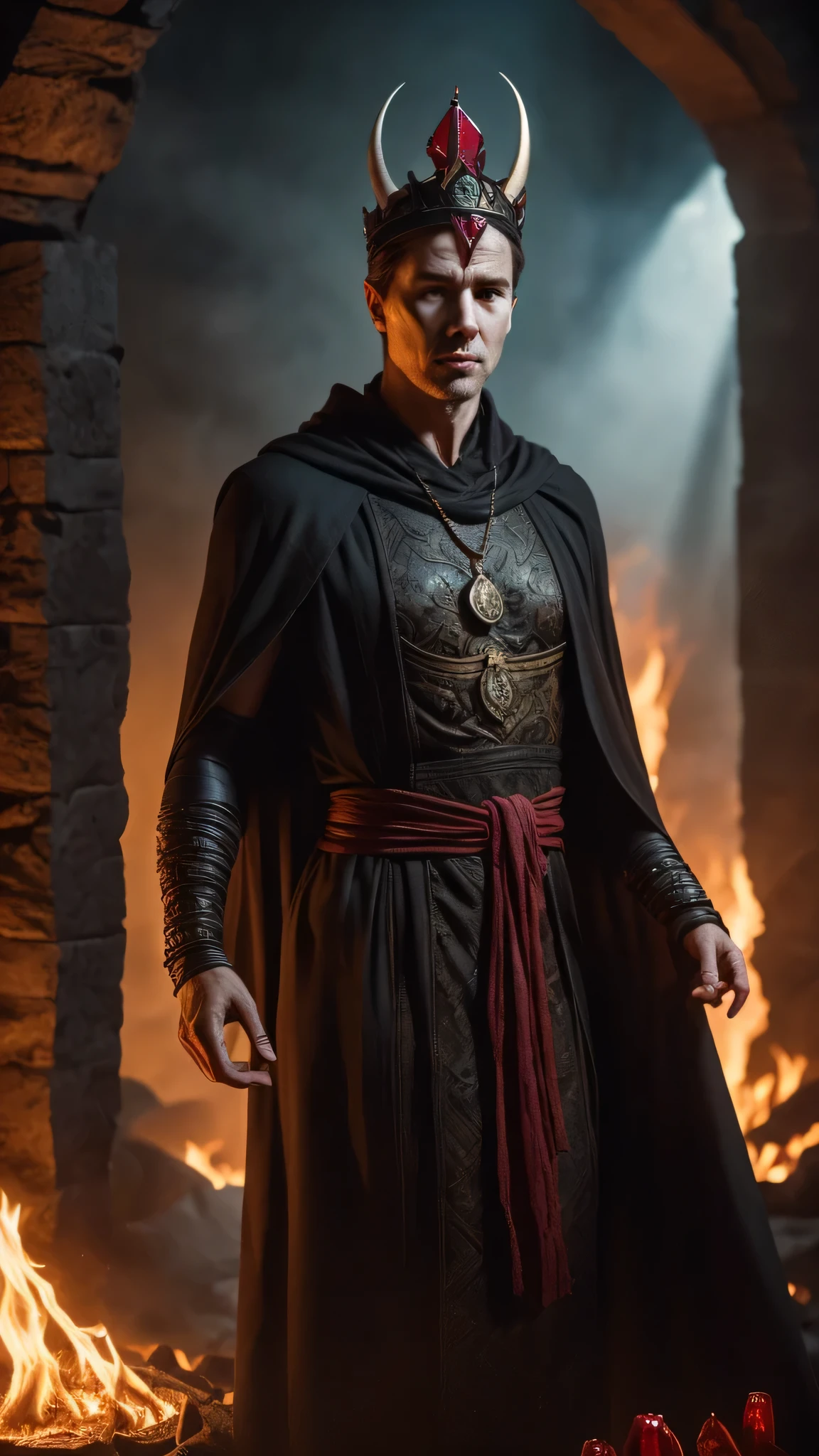 Aidan Gillen as Shinnok from Mortal Kombat, 1man, solo, ((mummy)), (((horned ruby crown))), (((pale white skin))), (dark-emerald robe with intricate ruby patterns), (amulet), a river of burning lava, burned bones lying everywhere, intricate, high detail, sharp focus, dramatic, photorealistic painting art by greg rutkowski