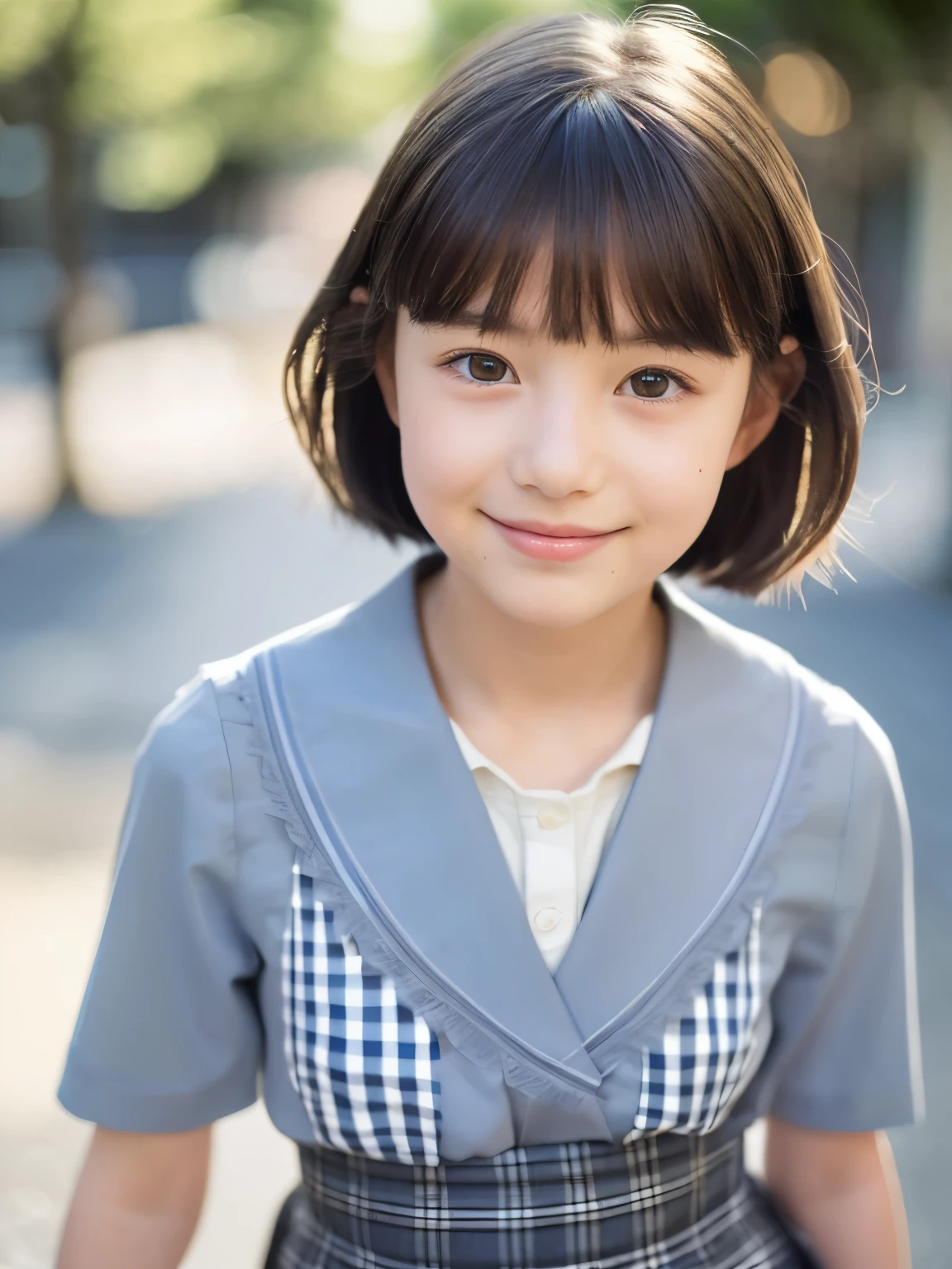 (masterpiece, best quality:1.2), (raw photo),
(beautiful Japanese girl), (innocent-looking face),
Slender eyes, double-edged eyelid, (moist lips:1.3) ,
(flat bangs:0.8),,
(Japanese school uniform), (gray color checked pattern blouse and skirts:1.2), (light blue ribbon),
(Dappled sunlight:1.2), (Dramatic Lighting:1.2),
(looking away), (walking), (beautiful thigh),
(shame smile), (at the street),