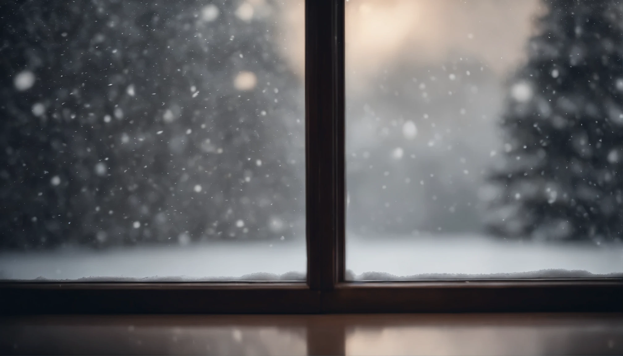Window in the room,blizzard,Large snow,The light in the room illuminates the falling snow, Creates a mysterious and enchanting winter landscape.