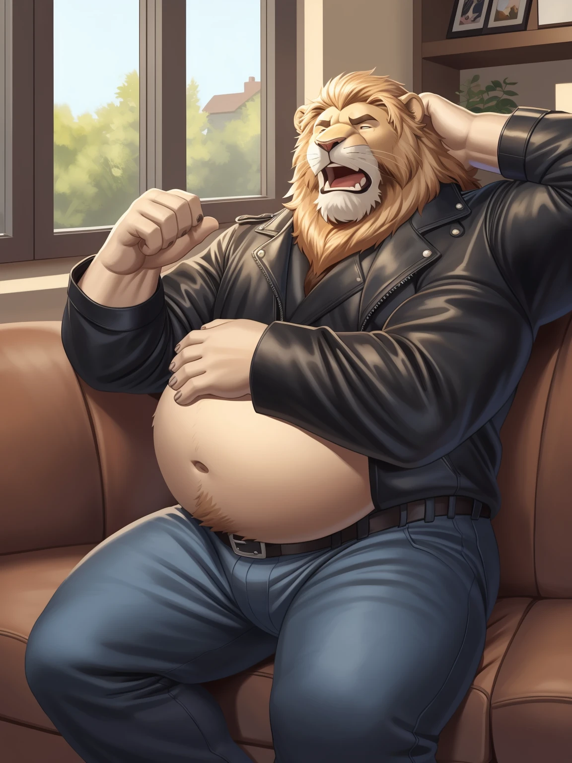 Strong Grandpa Lion,Wearing black leather jacket with jeans and boots,Lying on your side on the small sofa,Touching his big belly with one hand,Put one hand to your mouth and yawn,Bright living room,window,by adios