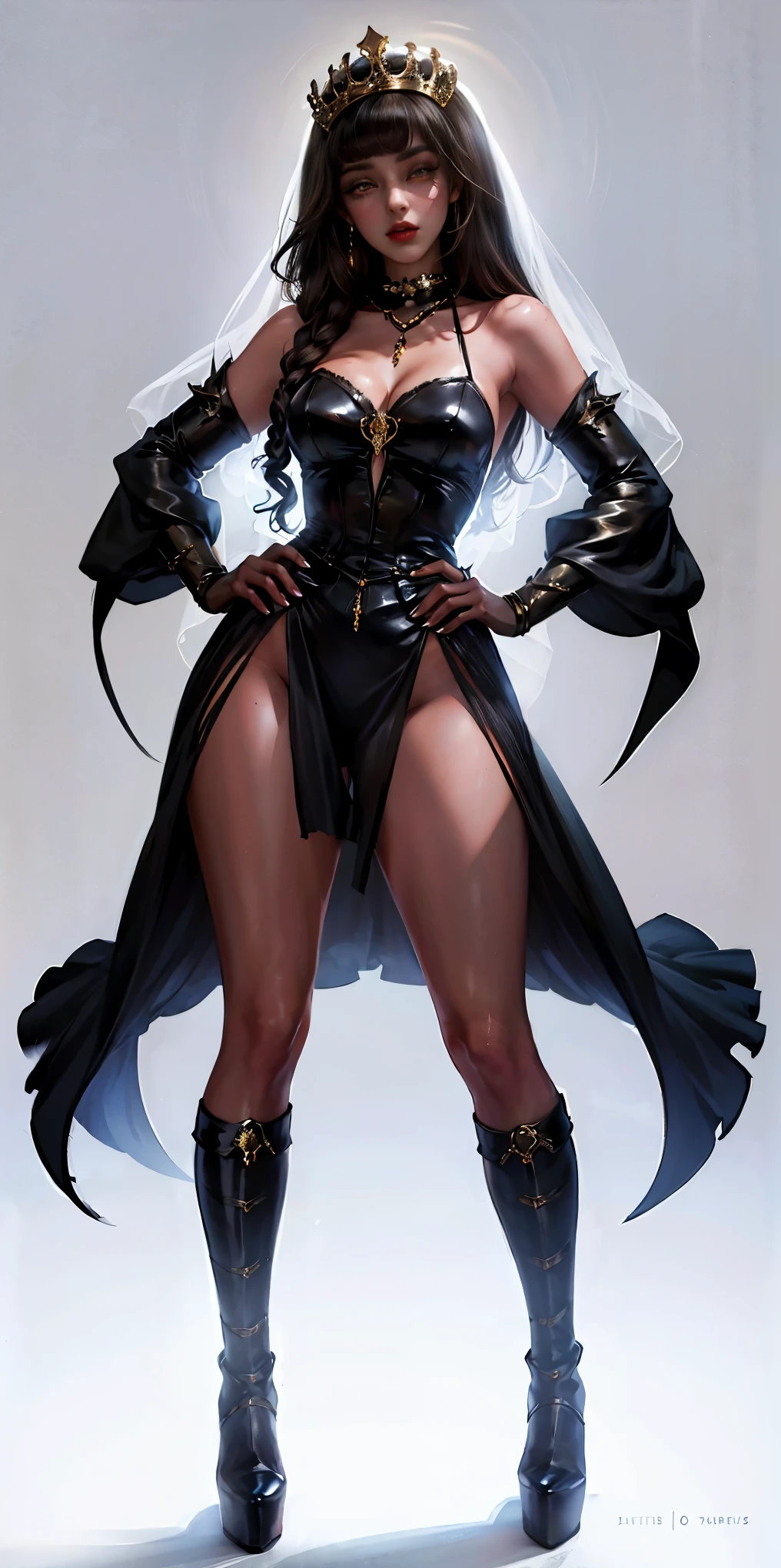 full body of a woman in a dress with a veil, feet together, standing feet together, militar boots, beautiful fantasy maiden slave warrior, beautiful fantasy art portrait, fantasy victorian art, medieval fantasy art, beautiful and elegant queen Roxxane, portrait of queen of light, fantasy portrait art, gothic fantasy art, a beautiful fantasy empress, ((white background)) hands on hips
