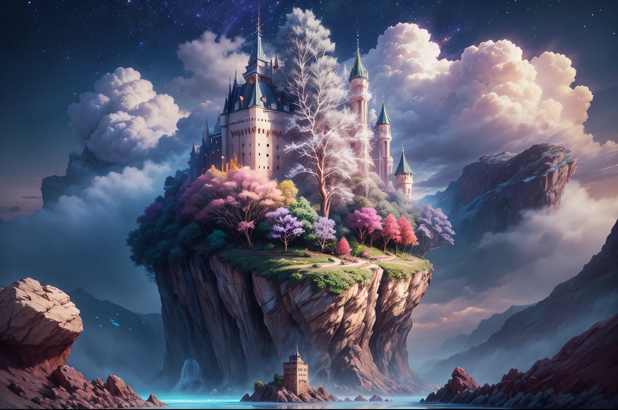 Generate a realistic fantasy landscape with beautiful, ornate romantic buildings, floating islands, crystalline waterfalls streaming from the floating islands, and a dreamy landscape of highly detailed flowers and dreamy watercolors. This is the (((romantic))) realm of the gods. (((The castles look like they are carved from shimmering marble, with distinct and complex details adding to their realism.))) Cotton candy clouds wisp into beautiful glittering stars across the colorful sky, with mesmerizing pink and purple celestial lights creating an enchanting atmosphere. Include many different levels and high visual interest. The environment is large and awe-inspiring, and this is a macro shot. The general ambience is peace, tranquility, and highly detailed sweetness. Include interesting fantasy elements with colors that complement the rest of the landscape. The sky should be very detailed. The landscape should very detailed. All buildings should be ornate with complex and intricate details. Include a luminous and magical atmosphere, magic bubbles, shimmering colors, many small fantasy details including iridescence, expertly created majestic landscapes, and shimmer and glimmer. Include lots of vibrant colors and vaguely surreal details. Camera: Utilize dynamic composition to create interest and excitement. CGI, unreal engine, unity engine, (((masterpiece))), high resolution, 8k, best quality, high quality, highres, 16, RAW, ultra highres, ultra details, finely detail, an extremely delicate and beautiful, extremely detailed, real shadow, anime, highly detailed painted, award-winning glamour painting, wonderful painting, art style, stylized