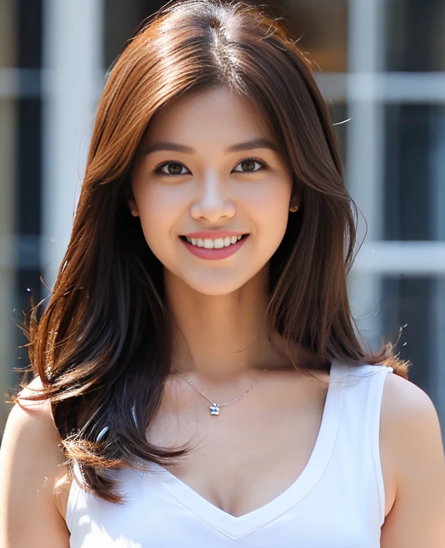 ((Best Quality, 8k, Masterpiece: 1.3)), 1 girl, smile, full body, slim face, pretty woman, short dark brown hair, white red crisp shirt on upper body, black straight suit pants on upper body, high heels, super detailed face, detailed eyes, double eyelids, blurred background, slim face, tall building,cleavage, sweaty