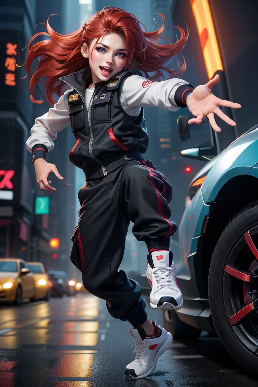 Dance、Artistic jump、break dance、Strenuous movements、vibrancy、Cyberpunk Style、Blade Runner vibe、Steam flows from exhaust outlets on the road surface、The road surface is wet、独奏、cool wavey heir 、Beautiful Man 、a small face、white skinned、handsome、young 20 years old、Bright smile、half-open mouth、White teeth are visible、(Gradient of black-red hair、Long messy hair)、(cargo pants、vests、White sneakers)、(delicate detailed fingers、Detailed body、detailed arms、human hand)、(Detailed face) 、(8K、top-quality: 1.4、masterpiece、 hyper HD、 realistic rendering.