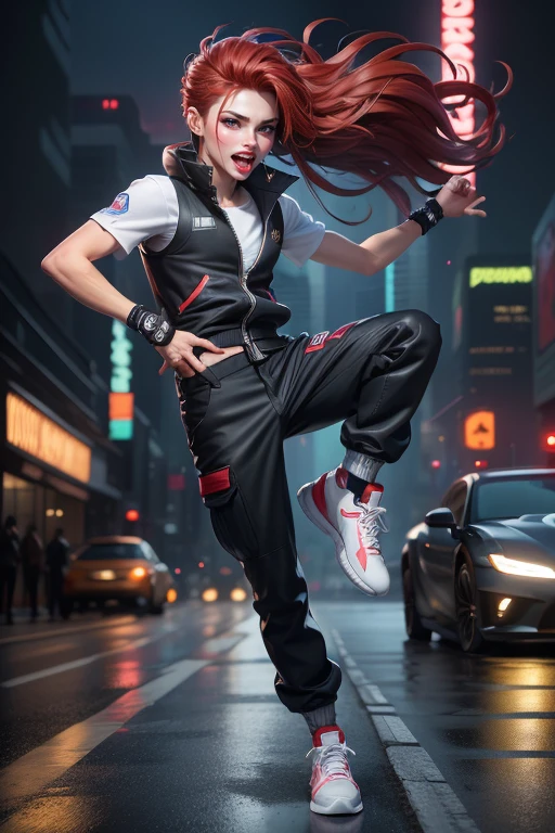 Dance、Artistic jump、break dance、Strenuous movements、vibrancy、Cyberpunk Style、Blade Runner vibe、Steam flows from exhaust outlets on the road surface、The road surface is wet、独奏、cool wavey heir 、Beautiful Man 、a small face、white skinned、handsome、young 20 years old、Bright smile、half-open mouth、White teeth are visible、(Gradient of black-red hair、Long messy hair)、(cargo pants、vests、White sneakers)、(delicate detailed fingers、Detailed body、detailed arms、human hand)、(Detailed face) 、(8K、top-quality: 1.4、masterpiece、 hyper HD、 realistic rendering.