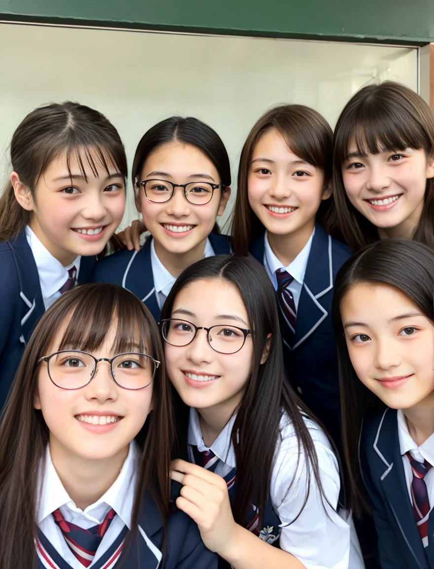 japanese school uniform、Female student、Normal look、15 years old、7 head and body、Everyone is good friends、With bangs、ponytail、glasses for 1 person、