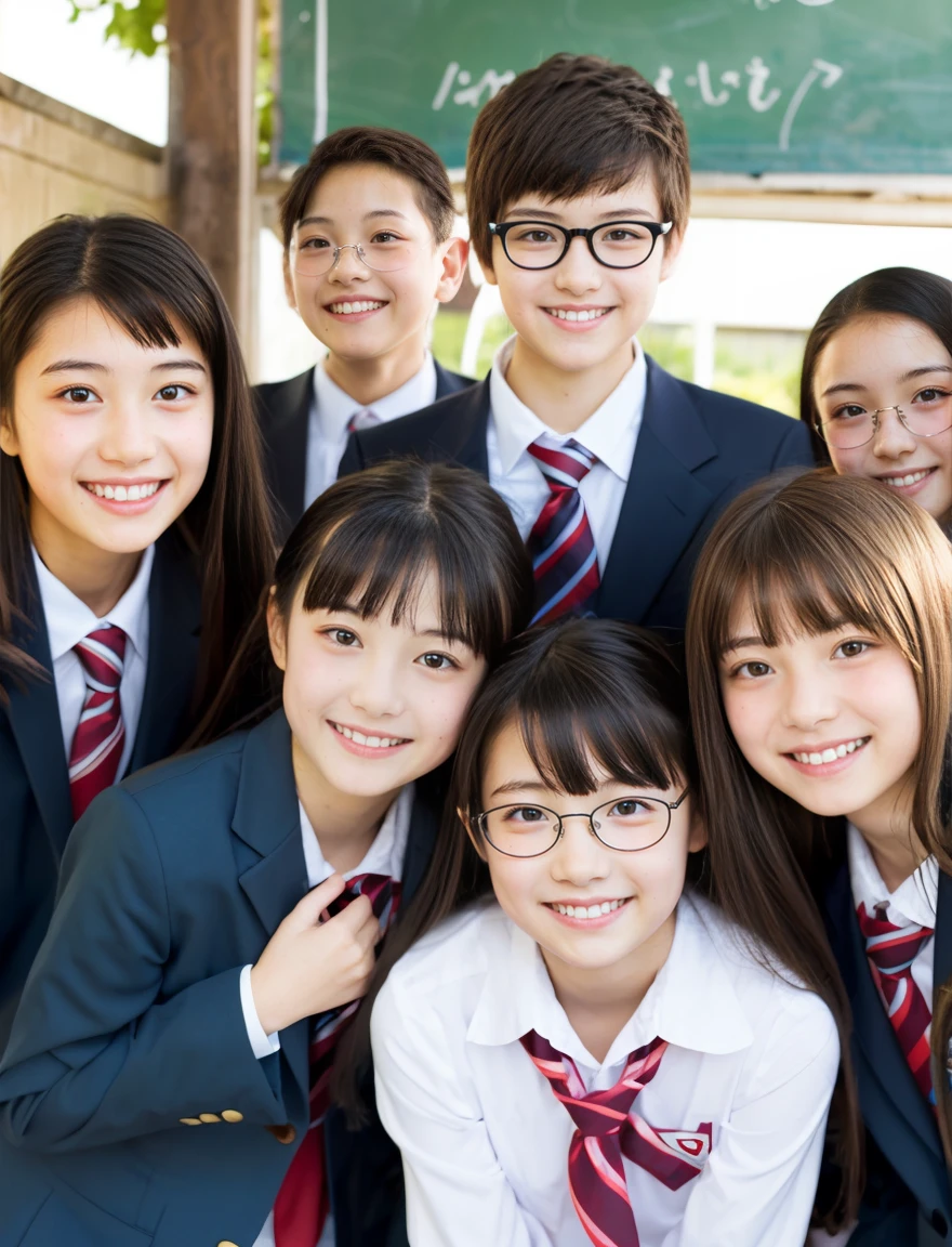 japanese school uniform、Female student、Normal look、15 years old、7 head and body、Everyone is good friends、With bangs、ponytail、glasses for 1 person、