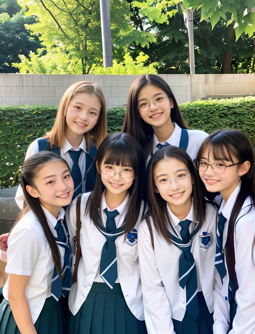 japanese school uniform、Female student、Normal look、、7 head and body、Everyone is good friends、With bangs、ponytail、glasses for 1 person、