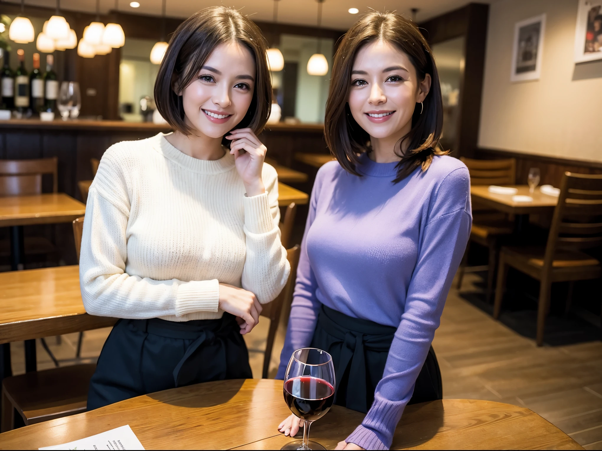 (64k included、nffsw、highest quality、masterpiece:1.2)、(realistic、Photoreal:1.37)、super detailed、wine glass、enjoy wine、mature woman、two beautiful women、(slim face)、(Because I&#39;m slender)、（brown hair）、(shortcut)、smiling french woman、happy italian girl、british woman、American、blush a little、(38 years old)、42 years old、red wine、窓の外には美しく緻密なnight景が広がります..、restaurant、wine glassは目立つ場所に、night、(from the waist up)、sit on top、date、(laughter:1.15)、beautiful and fine eyes、cashmere sweater、long sleeve dress、Japanese、(short hair:1.2)、Float NovaFrogStyle、、modeled、from the waist up、White wine、turned into slime、wine glass、超きれいなnight景、wine glassは真ん中に置いて、smile、(8K、Raw photo、highest quality、masterpiece:1.2)、(realistic、Photoreal:1.37)、super detailed、Super high resolution、2 women、see the beholder、beautiful and detailed face、laughter、narrow、(slim waist) :1.3)、knit shirt、Beautiful and smooth skin、skin texture、floating hair、professional light needle breast、kind eyes