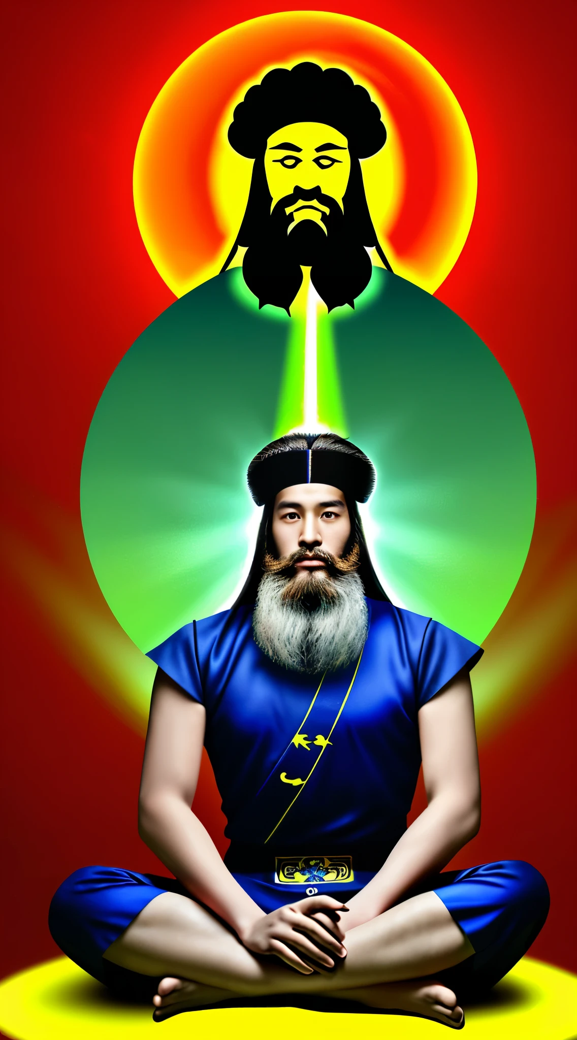 Chinese young male Taoist leader,Long beard,Cross legged meditation, In the center,Very bright colors,lunar backdrop, light particles, Glowing light, mshef, wallpaper art, Ultra HD Wallpaper