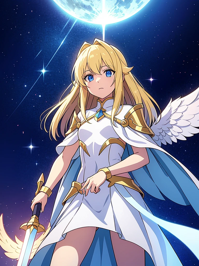 Seraphiel is an angelic being with golden wings and radiant, ethereal armor. Her eyes emit a warm, celestial light, and she carries a gleaming sword forged from the essence of Eldoria's sun.medium sized chest
Role: Celestial envoy and defender, entrusted with safeguarding Eldoria from otherworldly threats.