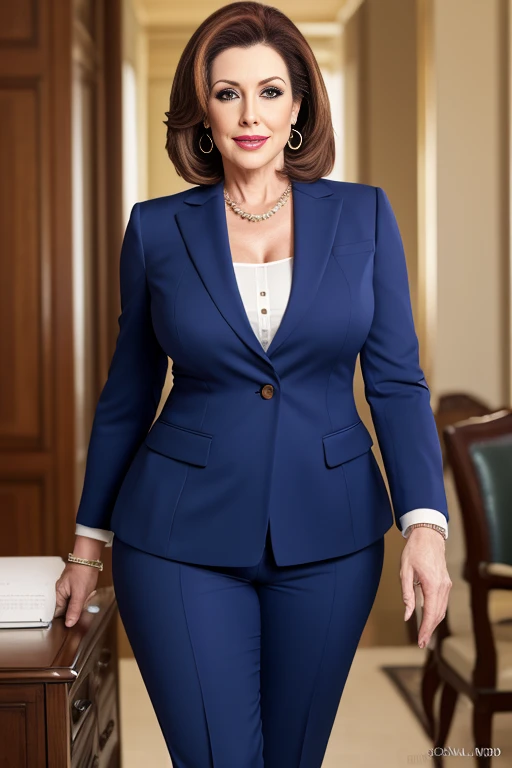 (best quality,4k,8k,highres,masterpiece:1.2),ultra-detailed,(realistic,photorealistic,photo-realistic:1.37), majestic madame over 44 years old, BDSM, femdom,  dominant expression, plump figure, (Nancy Patricia D'Alesandro Pelosi:1.2), huge breasts, towering stature, abundant curves, voluminous bosom, huge hip, powerful thighs, intense aura, sublime dominance, plump big fat buttocks, High necked business suit, pants