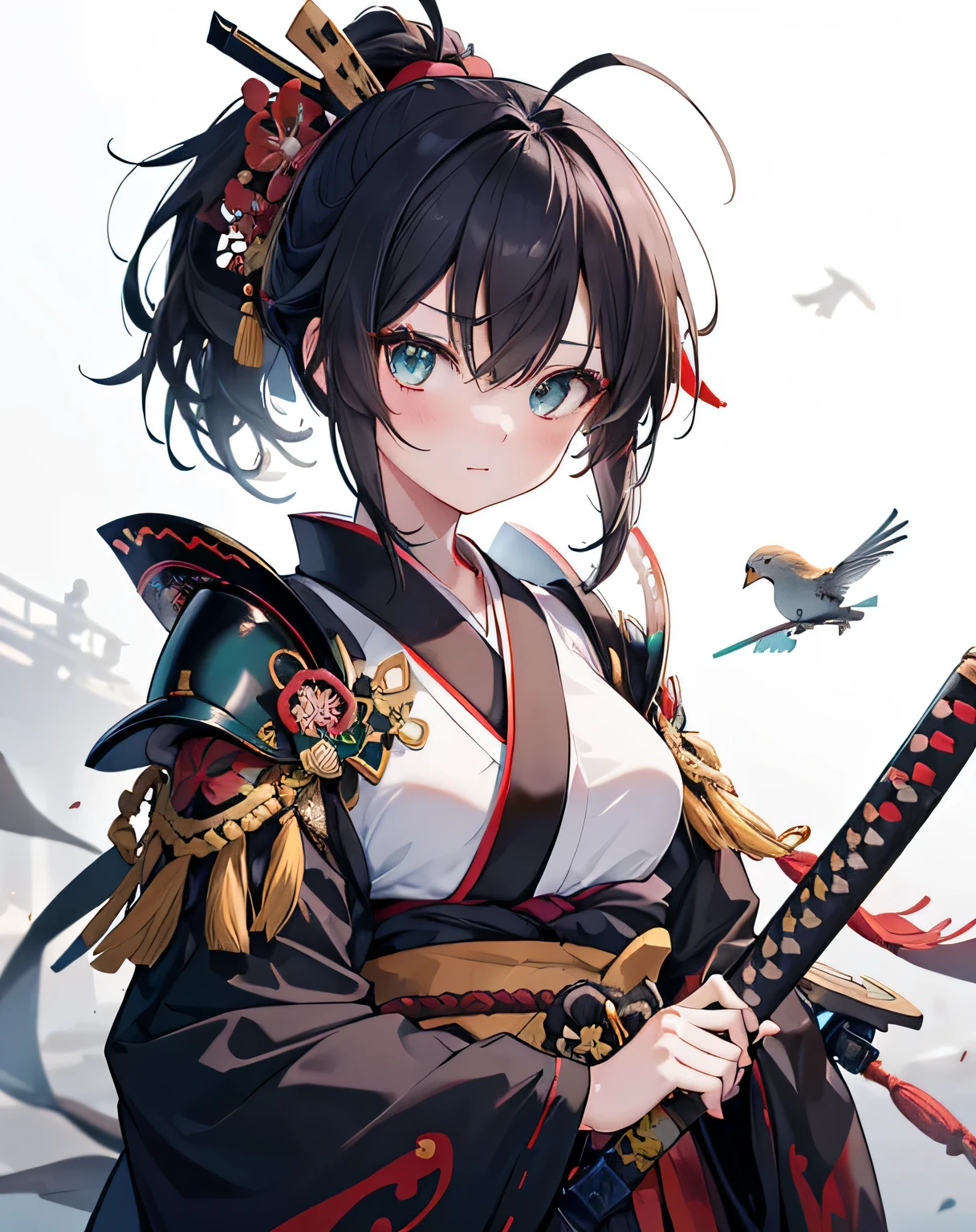 masterpiece,1girl, sparrow, a black haired girl, wearing a samurai armor, medium hair, messy hair, black hakama, slim body, wearing haori, medium breasts, kimono ornament, lolippai, lovely expression, beautiful breasts, rounded breasts, aqua eyes, ahoge, she bring katana, Shoulder armor, she weraing red kimono, ponytail
