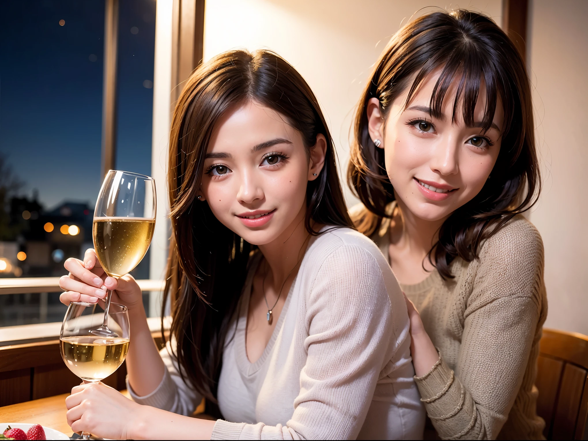 64k, UHD, highest quality, masterpiece: 1.2), (realistic, photorealistic: 1.37), Super detailed, slimな美女3名, (slimフェイス),Happy、 最高なsmile、Fox Face、Berry Short、(because I&#39;thin), (brown hair), (shortcut), long sleeve shirt、winter fashion、Colombia、Brazilian、Japanese、Dutch、German、Portuguese、Belgian、Italian、french,champagne、Sparkling wine、 (gush), (slimボティ), (brown hair), (shortcut), Neat beauty、cheeks blush a little, (35 years old), 38 years old, alone, A beautiful and detailed night view spreads out outside the window..., restaurant, wine glassが座っている, At night, in a prominent place (from the Upper body) nova frog style, actress, model, Upper body, White wine, slim, wine glass, very beautiful night view, wine glass Put in the Middle, Happy smile, (smile: 1.15), 