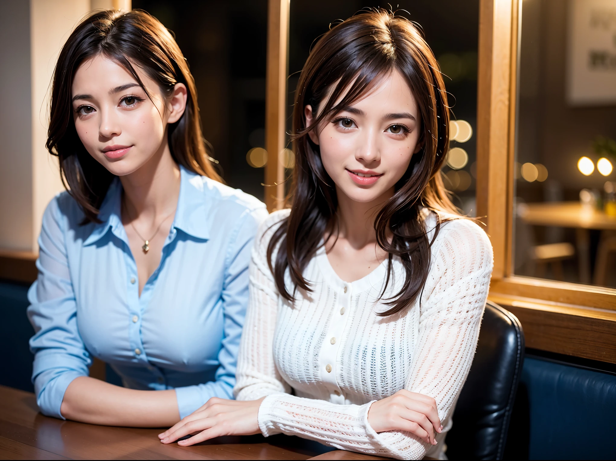 64k, UHD, highest quality, masterpiece: 1.2), (realistic, photorealistic: 1.37), Super detailed, slimな美女3名, (slimフェイス),Happy、 最高なsmile、Fox Face、Berry Short、(because I&#39;thin), (brown hair), (shortcut), long sleeve shirt、winter fashion、Colombia、Brazilian、Japanese、Dutch、German、Portuguese、Belgian、Italian、french,champagne、Sparkling wine、 (gush), (slimボティ), (brown hair), (shortcut), Neat beauty、cheeks blush a little, (35 years old), 38 years old, alone, A beautiful and detailed night view spreads out outside the window..., restaurant, wine glassが座っている, At night, in a prominent place (from the Upper body) nova frog style, actress, model, Upper body, White wine, slim, wine glass, very beautiful night view, wine glass Put in the Middle, Happy smile, (smile: 1.15), 