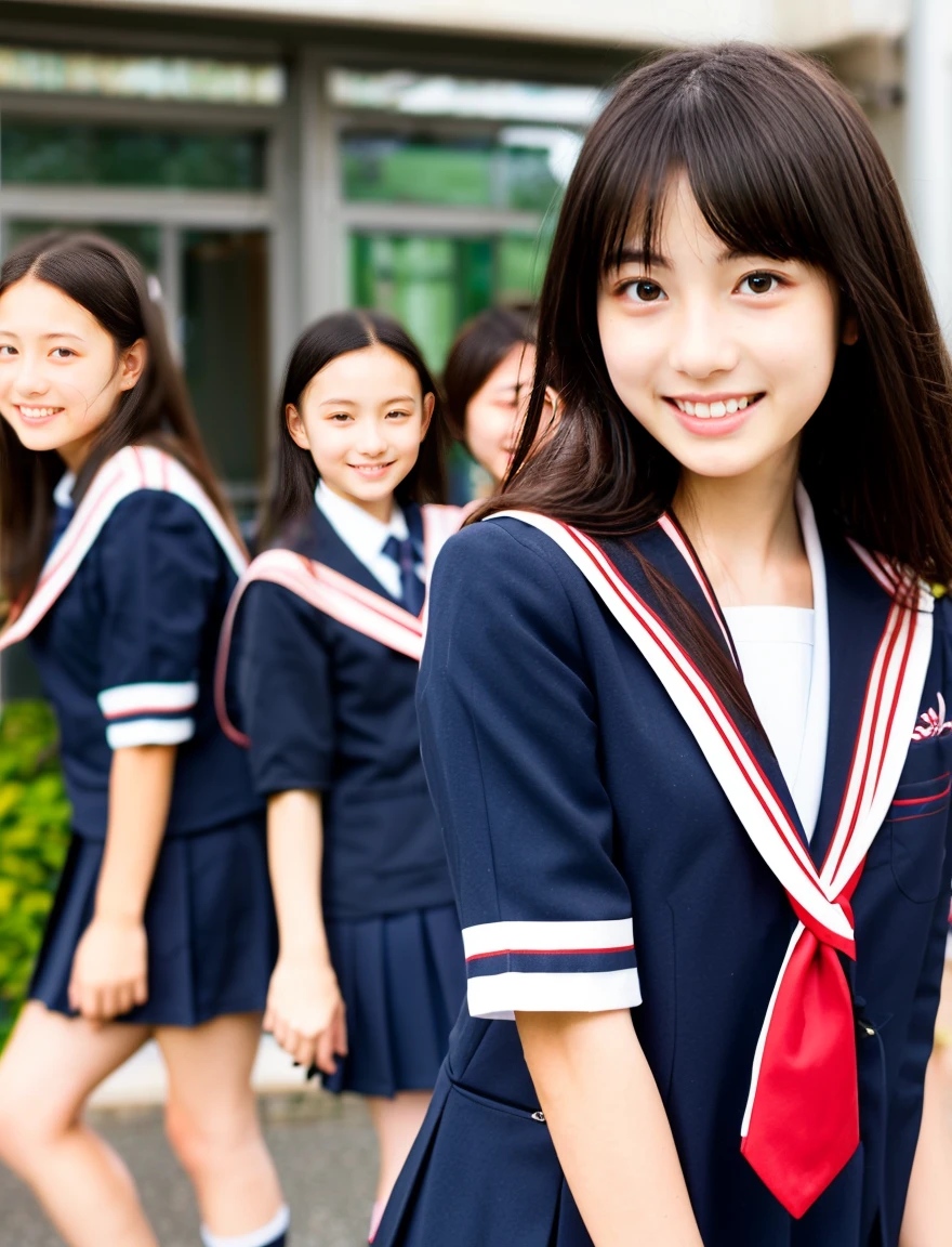 japanese school uniform、high school girl、Normal look、18-year-old、7 head and body、Everyone is good friends、black hair、sailor suit、beautiful girl、bounce、Everyone from behind、
