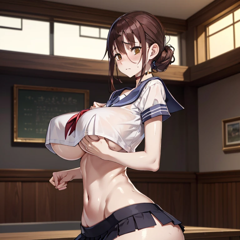 (8k, RAW photo, best quality, masterpiece, soft cinematic lighting, soft color:1.4),{ceiling,( look at me:1.2),face focus:1.5}, (realistic), (indoor background), (solo, mature woman,19years old:1.3), (sailor uniform,underboob,low-cut miniskirt,sheer :1.3), (embarrassed,red Cheeks:1.25), party chignon bronze color hair, clean skin, (smaller butt:0.9),(pointy sagging huge long wide heavy breasts:1.4), (thick, curvy:1.3),(very skinny:1.3)