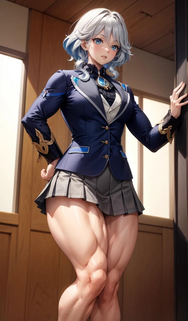 furina, (muscular female:1.1),school uniform jacket, skirt, ,muscular thighs
masterpiece, best quality, extremely detailed face, perfect lighting, extremely detailed CG,open mouth,