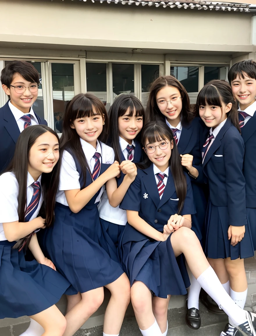 japanese school uniform、Female student、happy expression、15 years old、7 head and body、Everyone is good friends、With bangs、Dancing madly、dance violently、