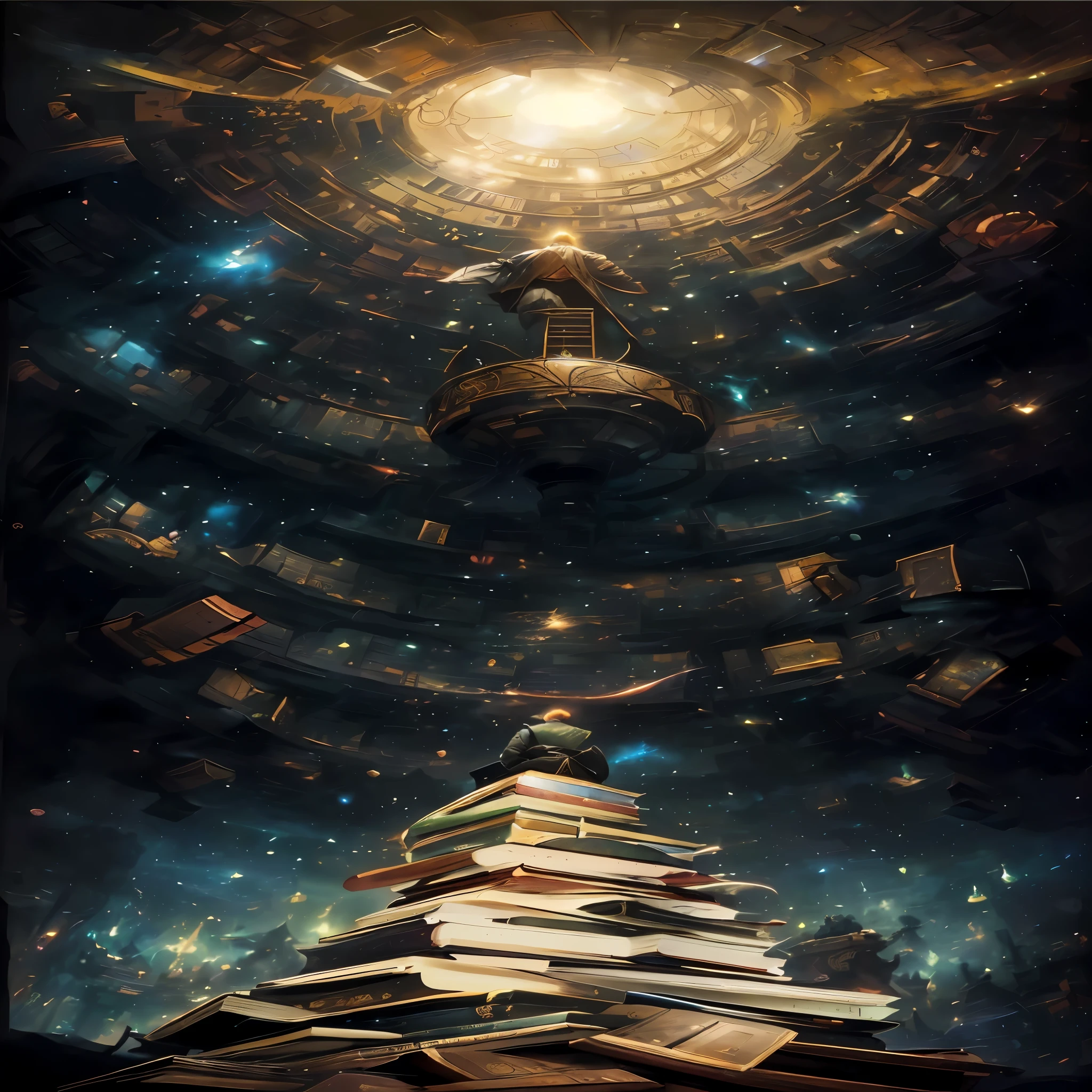 there is a man sitting on top of a stack of books, infinite celestial library, borne space library artwork, alchemist library background, standing inside a magic library, endless books, library of ruina concept art, library of babel, fantasy book illustration, gothic epic library concept, surreal concept art, high quality digital concept art, science fantasy painting, wide angle fantasy art