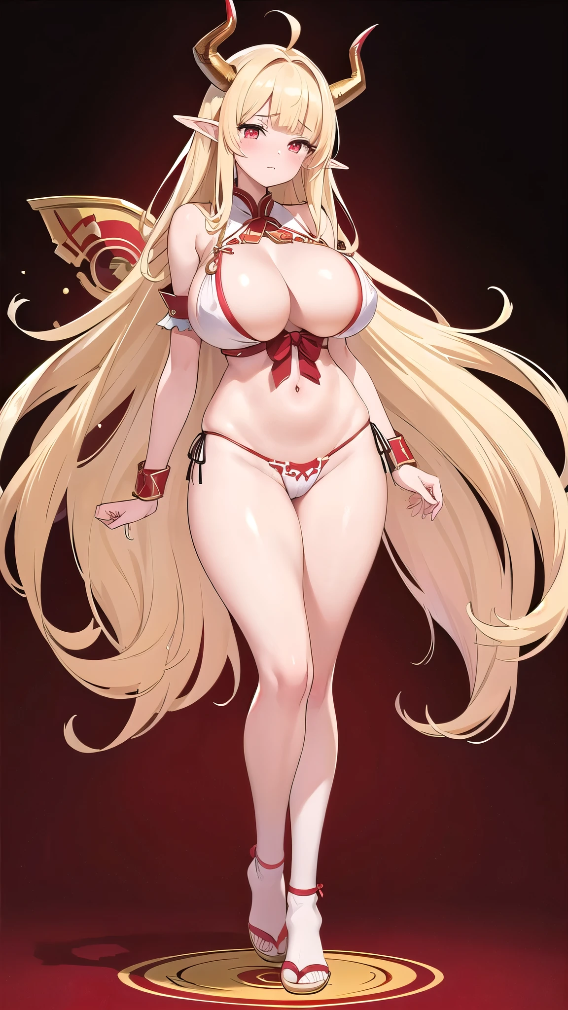 1 girl, game cg, Red and white shrine maiden clothes, shoulders visible, belly button visible, loincloth, (gigantic breasts:1.2), blonde, very long hair, blunt bangs, red eyes, elf ears, (golden horns:1.3) ,(full body:1.2), standing,(white background:1.2),tears,