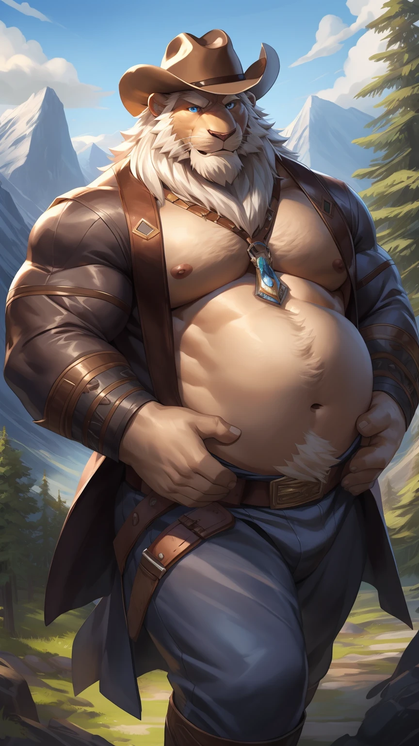 Strong Grandpa Lion，White hair and beard，blue eyes，Manly，穿着格子衬衫和牛仔裤和登Mountain靴，wearing a cowboy hat，在Mountain中远足，Touching his big belly with one hand，Beautiful natural scenery，trees，Mountain，blue sky，by adios, by null-ghost, by lindong
