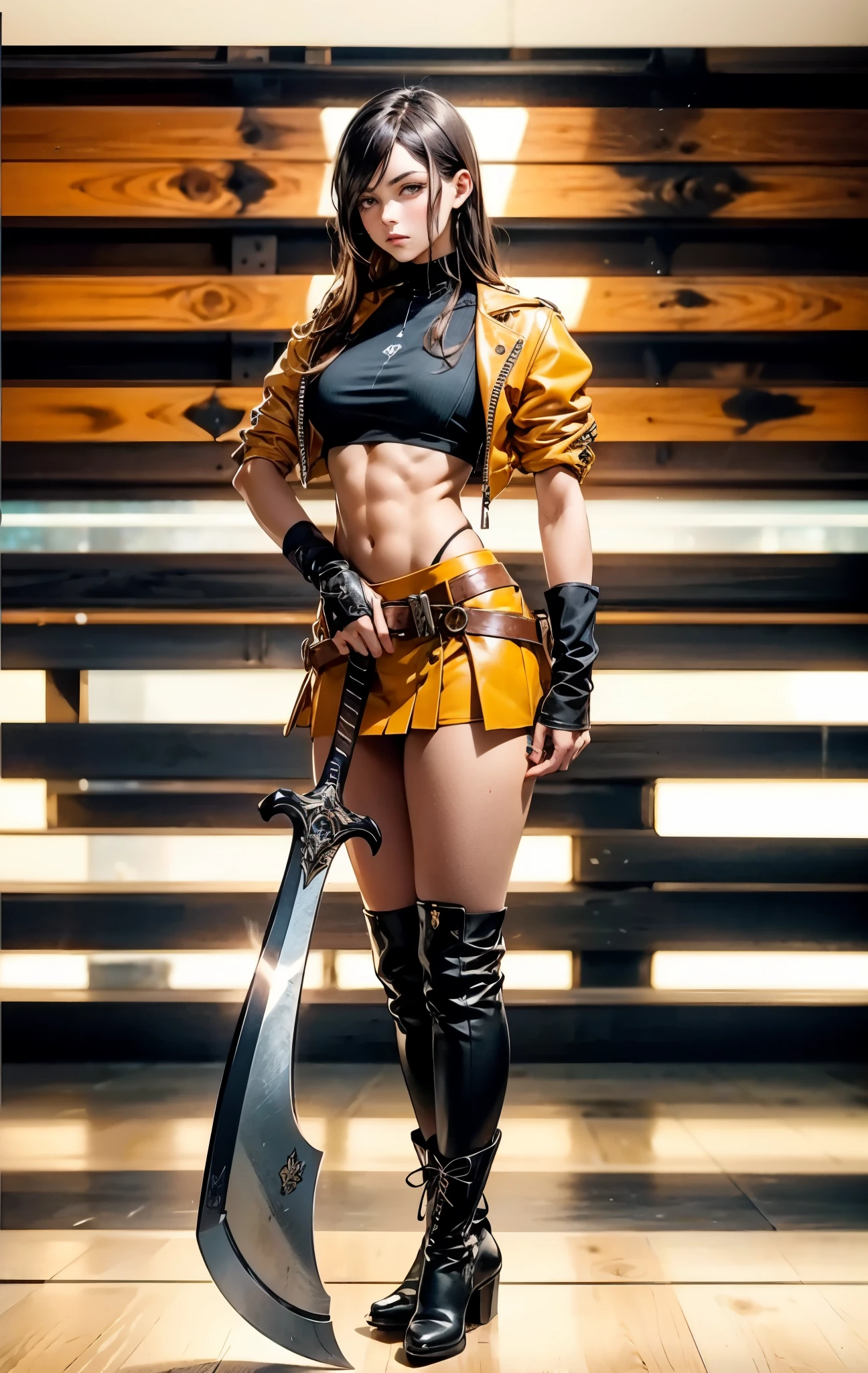 A woman with long brown hair, a determined expression on her exquisite face, a tall and muscular physique, a cropped top that exposes her waist, a yellow leather jacket with rolled-up sleeves, sturdy wooden forearm guards, two ribbons are elegantly tied around her right arm, a short skirt with a small tool pouch around her waist, a dagger is strapped to her thigh, rough cloth boots, her right hand holds a massive cleaver, standing in a fantasy-style wilderness city, this character embodies a finely crafted fantasy-style bounty hunter in anime style, exquisite and mature manga art style, high definition, best quality, highres, ultra-detailed, ultra-fine painting, extremely delicate, professional, anatomically correct, symmetrical face, extremely detailed eyes and face, high quality eyes, creativity, RAW photo, UHD, 8k, Natural light, cinematic lighting, masterpiece-anatomy-perfect, masterpiece:1.5