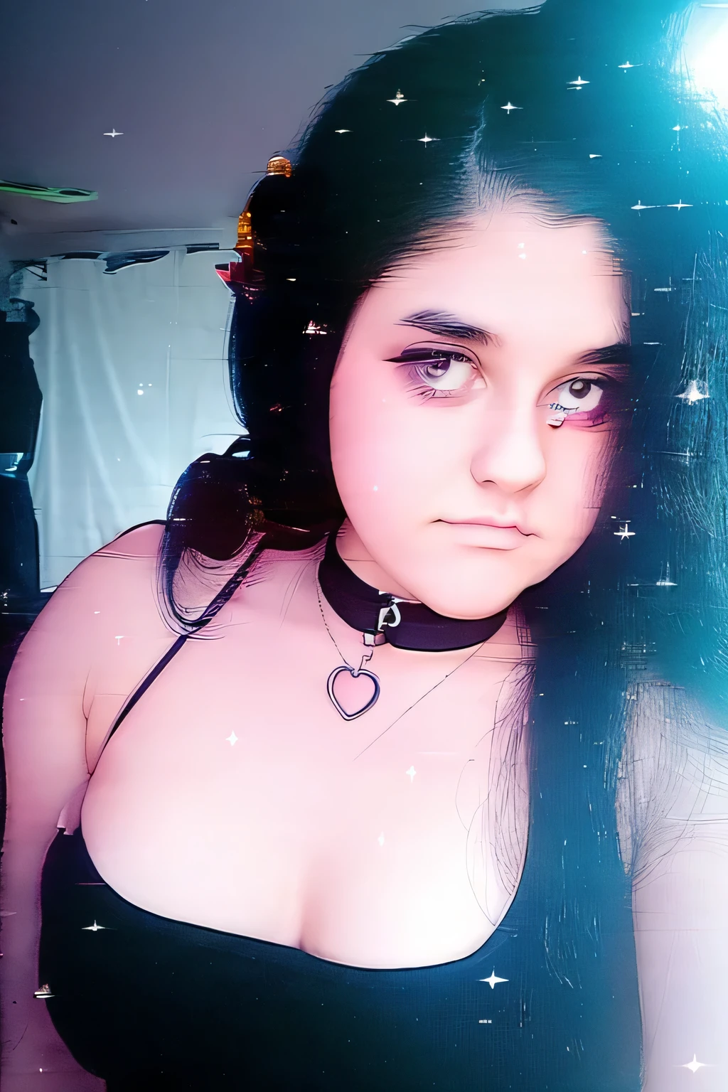 arafed woman with otaku clothes, twintails , goth makeup, teen fashion clothes , choker , very very low quality picture, low view, she is about 16 years old, blurry image, webcam screenshot, 16 years old, by :5 sexy: 7, shot on webcam, very very low quality, desaturated!!, blurry , no lights , dark bedroom, poor lighting , wide waist, chubby face, warm ambiental light, night,