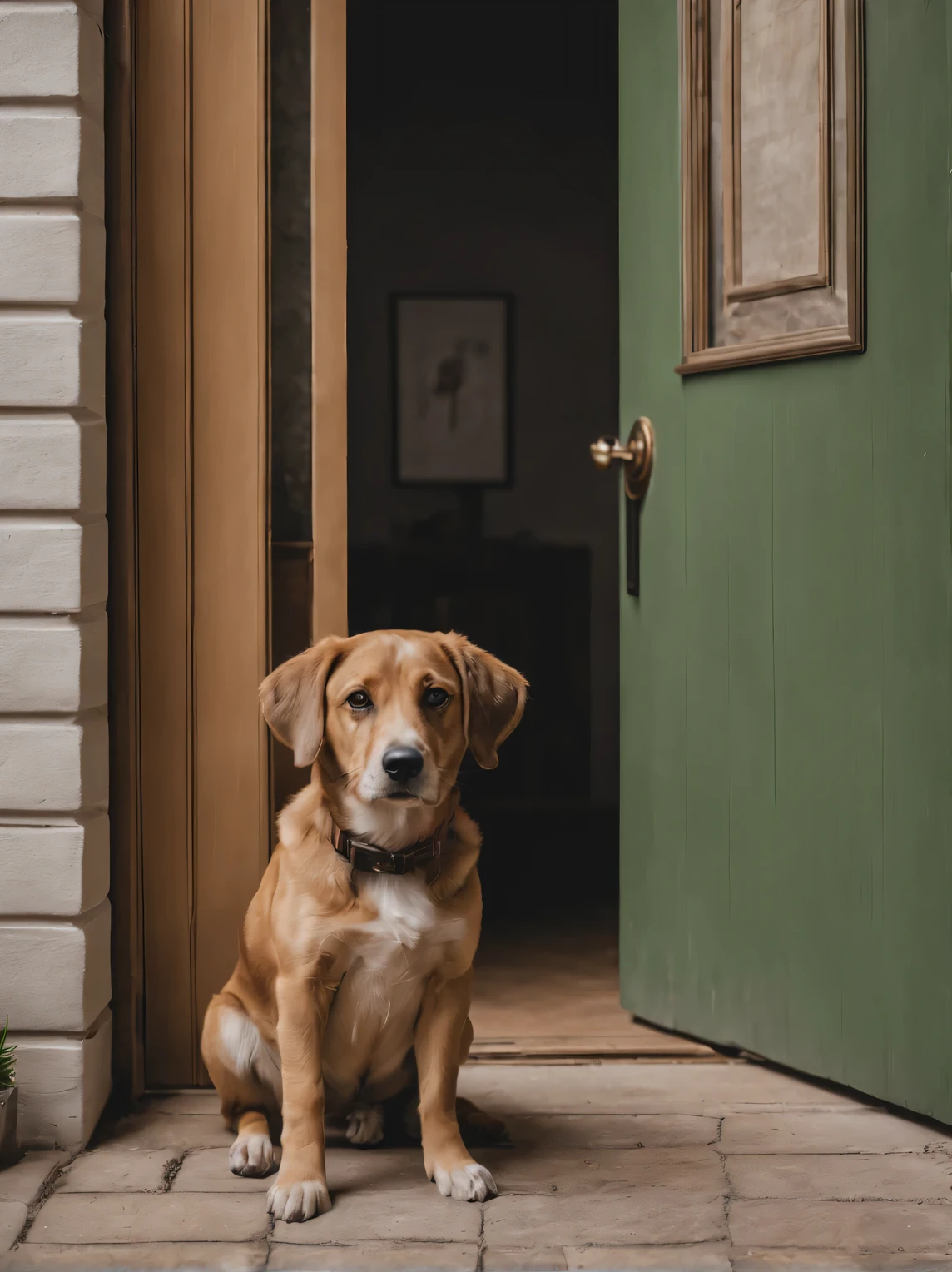 Photo Canon EOS 6D Mark II RF 24-70 mm F2.8L IS USM, apartment corridor with closed front door, the dog sits in front of the door with its back to the viewer, the dog&#39;s head is directed towards the door, eyes are not visible to the viewer, the dog is waiting, high detail, Maximum photorealism, a high resolution, granularity