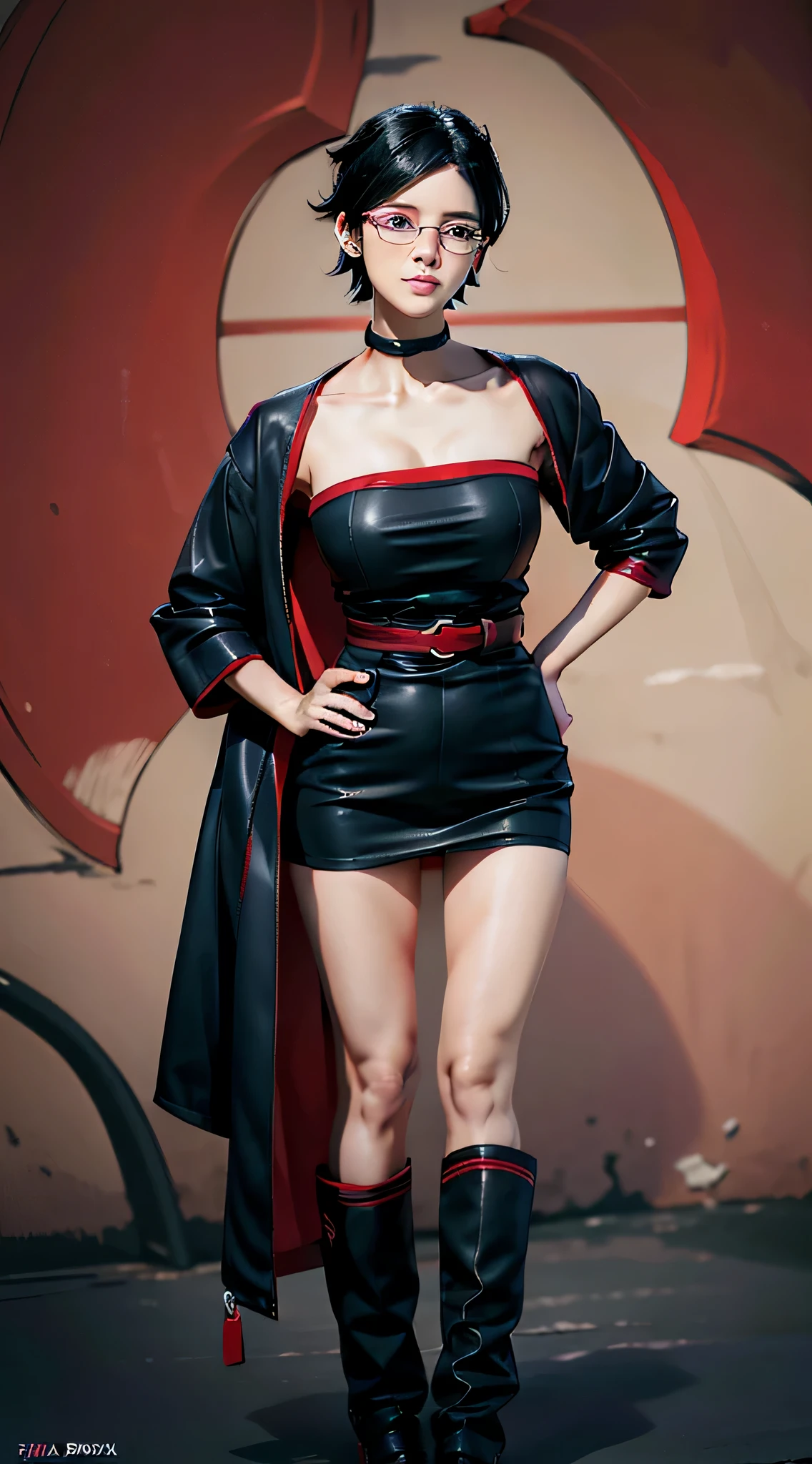 1girl, uchiha sarada in anime boruto, short hair, black hair, black eyes, wearing red glasses, smile, beautiful, sexy clothes, sexy dress, black clothes, very big breast, realistic clothes, purple clothes, outdoor background, ultra detail, realistic