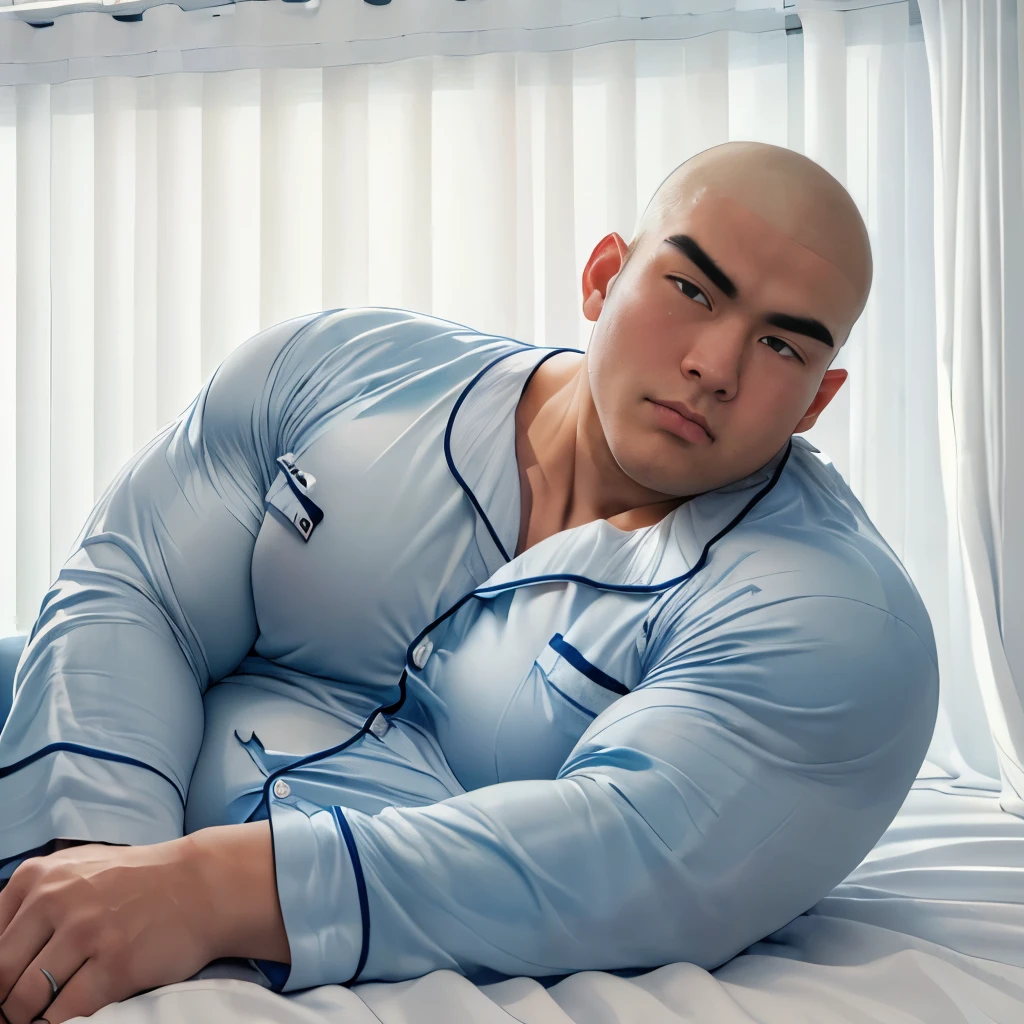 (highest quality:1.5), (masterpiece:1.5), (Blue sky only:1.1), (Japanese:1.1), solo, shaved head, (macho:1.2), (huge body:1.4), fat, 22 years old, short sleeve light blue pajamas, smile, (from below:1.2), (looking down:1.3)
