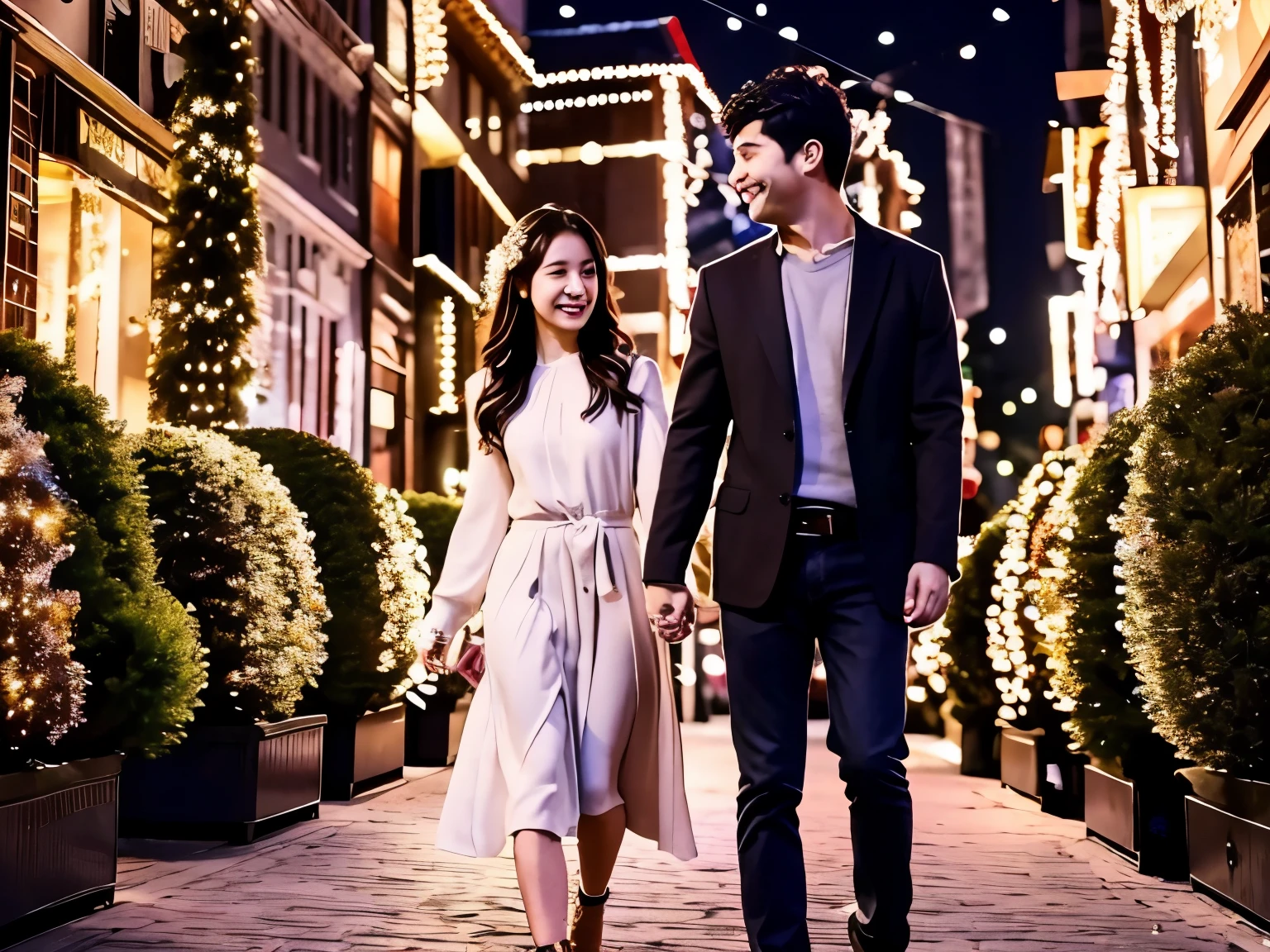 highest quality　Christmas illumination　night view　dazzling lights　street　highest quality　colorful　couple walking hand in hand　full body portrait　Beautiful men and women　(Japanese)　date　smile
　masterpiece, Super detailed, 