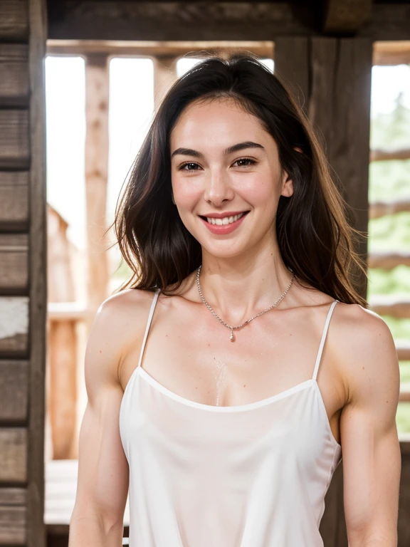 Gal, ripped muscle, muscular body, pale skin, smile(blush), tight chemise, thin necklace, [ultra detailed skin:1.2], 8k uhd, full body, stand, sweat, cum on face, crowd, public, wooden cabin,