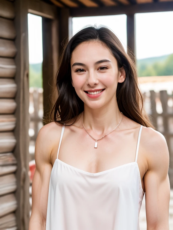 Gal, ripped muscle, muscular body, pale skin, smile(blush), tight chemise, thin necklace, [ultra detailed skin:1.2], 8k uhd, full body, stand, sweat, cum on face, crowd, public, wooden cabin,