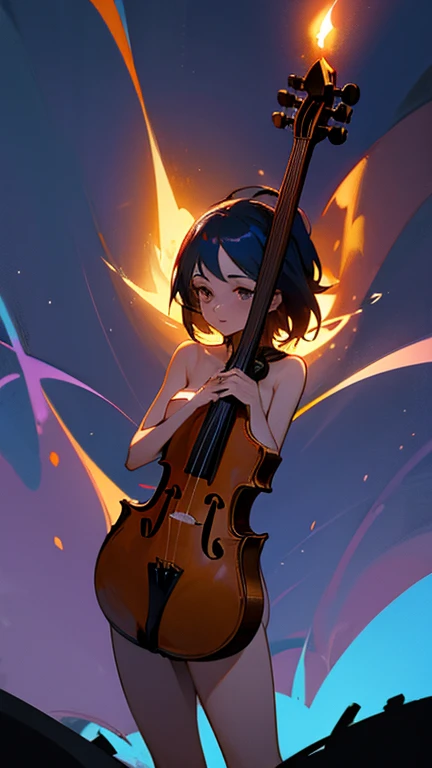 Mujer elfa desnuda, hugging a violin, luces en el cielo, fuego, piso congelado 