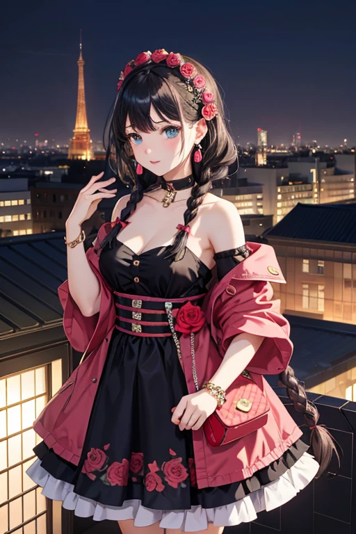 3d fantasy anime girl in leopard pattern dress over city roof, 1 girl, leopard pattern, alone, Braid, have, black hair, Animal pattern, long hair, jewelry, earrings, looking at the viewer, dress, twin Braids、Rose flower