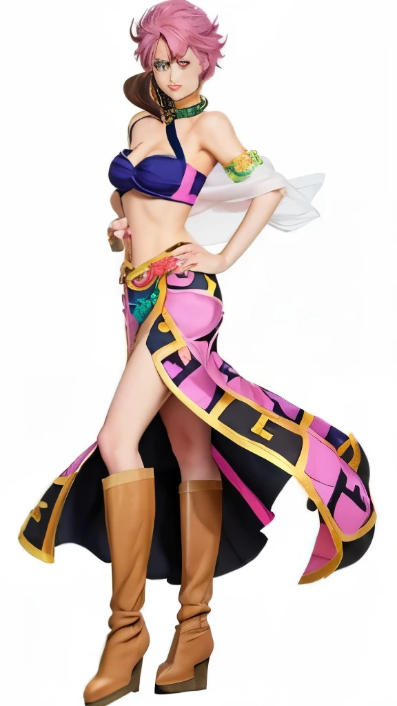 a woman in a pink dress and brown boots standing next to a white background, nico robin, maya fey from ace attorney, in jojo\'s bizarre adventure, anime woman fullbody art, knights of zodiac girl, from one piece, natalie from epic battle fantasy, faye valentine, female anime character, anime character; full body art, gyro zeppeli