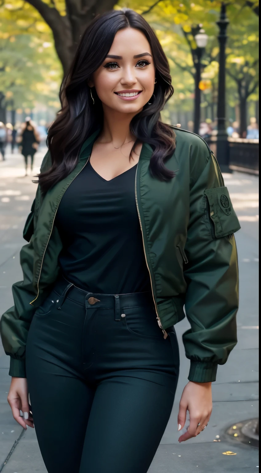 Foto hiperrealista en primer plano de Demi Lovato, masterpiece, best quality, (photorealistic:1.4), (army green bomber jacket over black long  blouse:1.1), (blue jeans:1.2) heels, in the New York Central Park, sunny day, cinematic light, beautiful woman, skinny, large breasts, straight brown hair, detailed face, smile, photo taken from a distance, age 20 tears old, (black detights:1.2)
