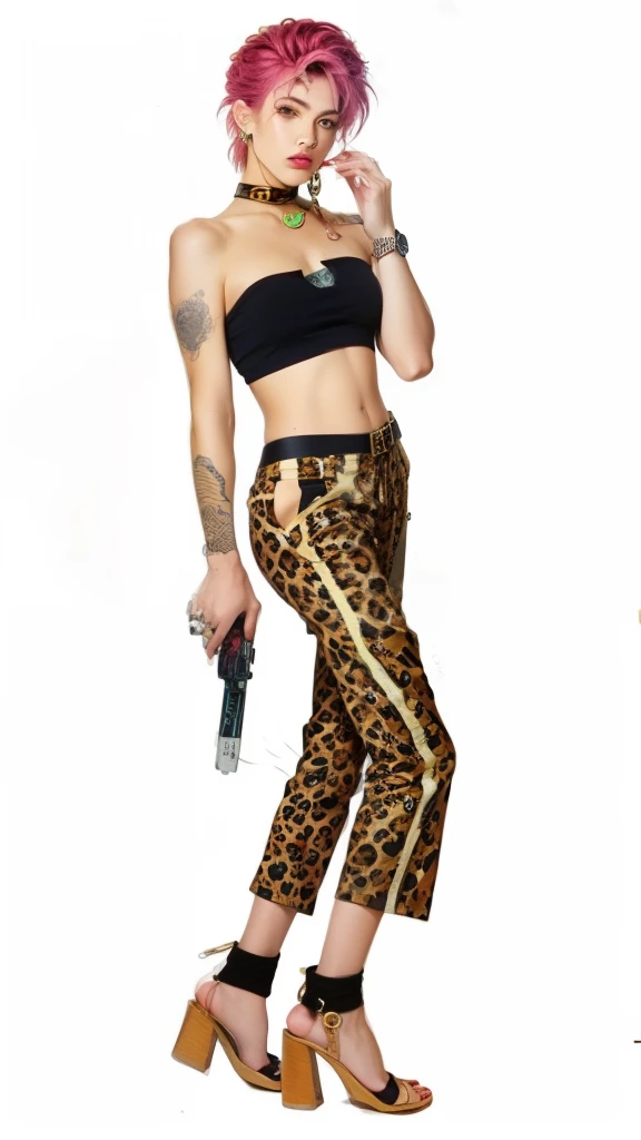a drawing of a woman in a black top and leopard print pants, posing as a jojo character, 90s comic book character design, no more heroes concept art, jojo anime style, molly from neuromancer, joseph joestar, aeon flux style, style is a blend of æon flux, cypherpunk fashion illustration, anime character; full body art
