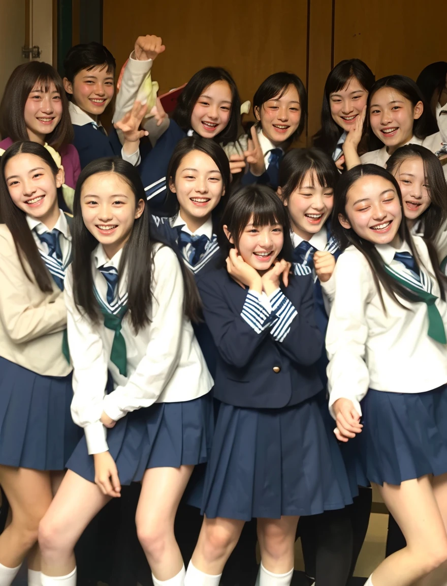 japanese school uniform、Female student、happy expression、15 years old、7 head and body、Everyone is good friends、With bangs、Dancing madly、dance violently、