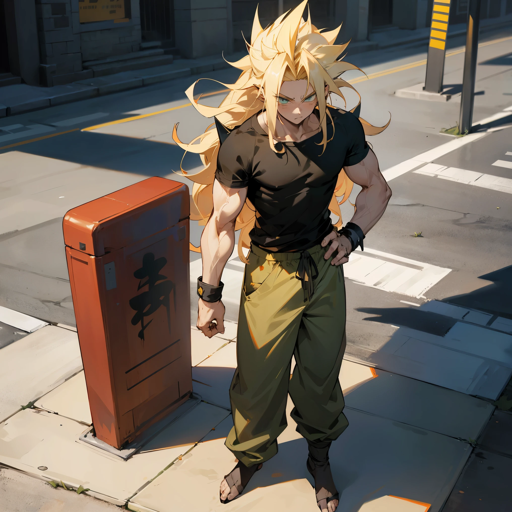 1male, Blonde Hair , Wavy Hair , Spiky Hair , Messy Hair , Long Hair , Green Eyes , Shirtless , Grey Baggy Pants , Standing on Sidewalk , Black Wristbands , Super Saiyan , Super Saiyan Hair , Black T Shirt