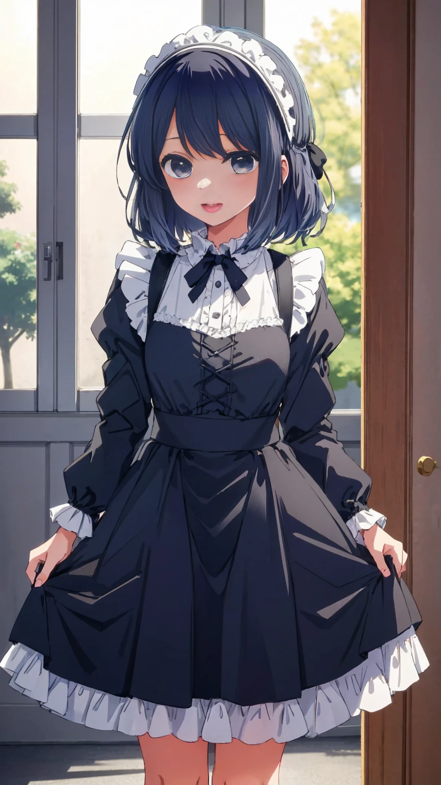 beautiful lighting, 1 girl, alone, Akane, frills, skirt, Gothic Lolita, Maid clothes, ((anime style))、((2D))、laughter、open your mouth、thighs、headband