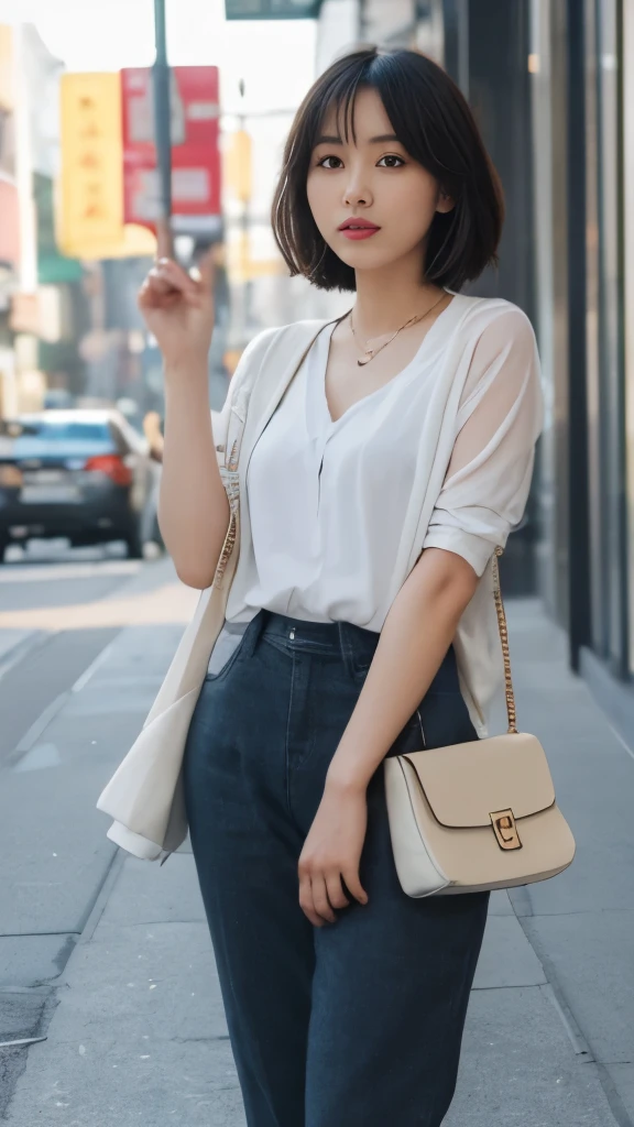 (In 8K、Raw photo、highest quality、realistic、Photoreal, look at the camera, light shines on your face, gray background), Imagine a 26-year-old Japanese woman, a corporate employee with a sociable and bright personality. She has an affinity for jazz music, which suggests a refined taste that might be reflected in her style. Her hair is likely styled in a trendy lob (long bob) cut, perhaps with subtle highlights to reflect her fashionable sensibilities. Her makeup is fresh and professional, with a hint of color on her lips to add a touch of vibrancy.
For her outfit, envision her wearing a chic blouse in a soft pastel color, tucked into a pair of tailored, high-waisted trousers that complement her figure. Since she's adapting to life in Gunma Prefecture, her style is a blend of urban sophistication with a touch of practical rural sensibility. She might layer with a lightweight cardigan or blazer for a look that's both office-appropriate and comfortable.
Her choice of shoes would be smart-casual, such as a pair of clean, white sneakers or elegant flats that allow her to move easily throughout her day. Accessories are minimal yet stylish, like a thin gold chain necklace and a matching bracelet. She carries a sleek, functional tote bag or a cross-body bag that can hold her essentials, including her favorite jazz album on her music player.