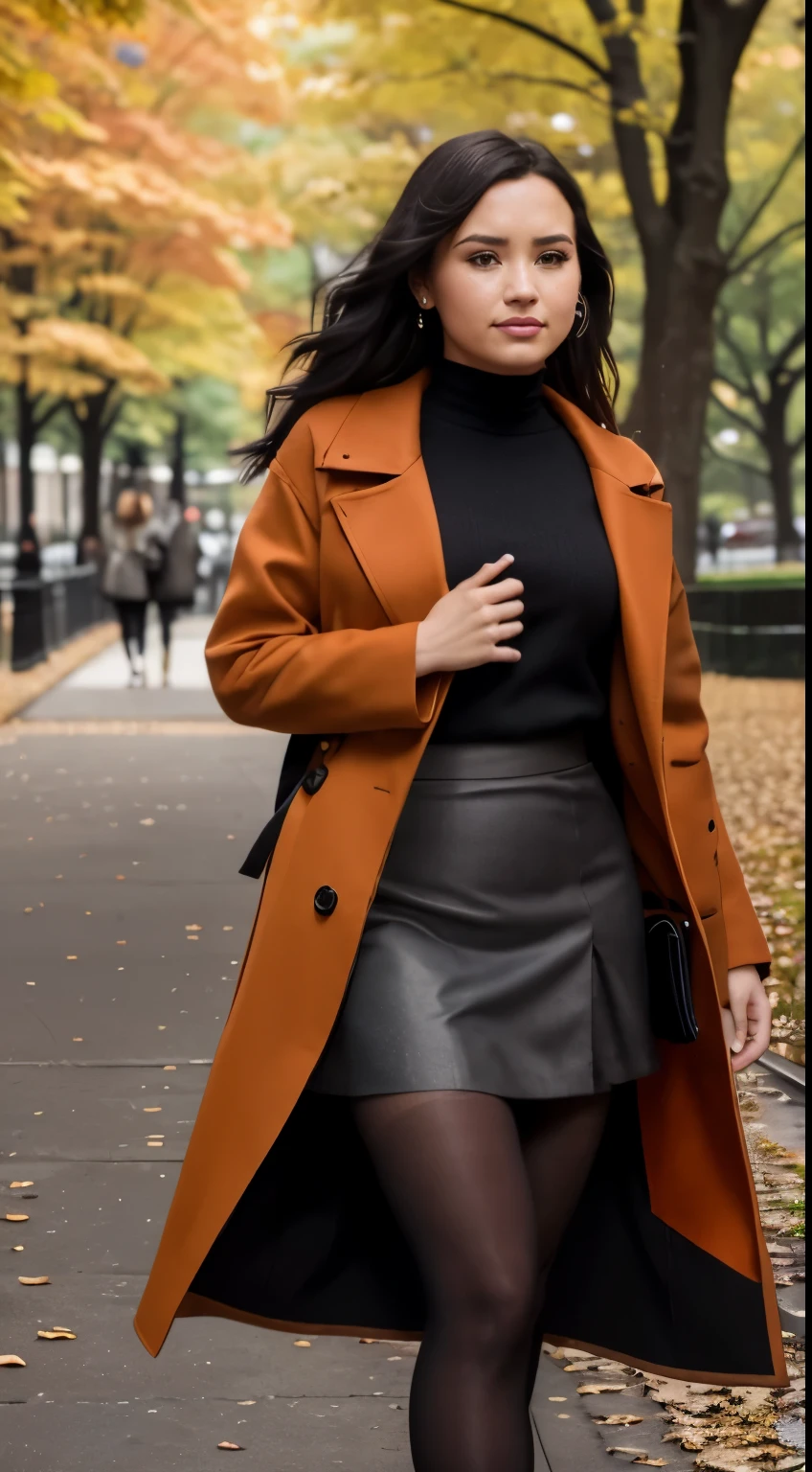Foto hiperrealista en primer plano de Demi Lovato, masterpiece, best quality, (photorealistic:1.4), full body, (dark orange dark orange autumn coat over black blouse:1.1), (gray midi mdid skirt:1.2), (black delicate delicate tights:1.2) heels, in the New York Central Park, sunny day, cinematic light, beautiful woman, skinny, large breasts, straight brown hair, detailed face, smile, photo taken from a distance, age 20 tears old