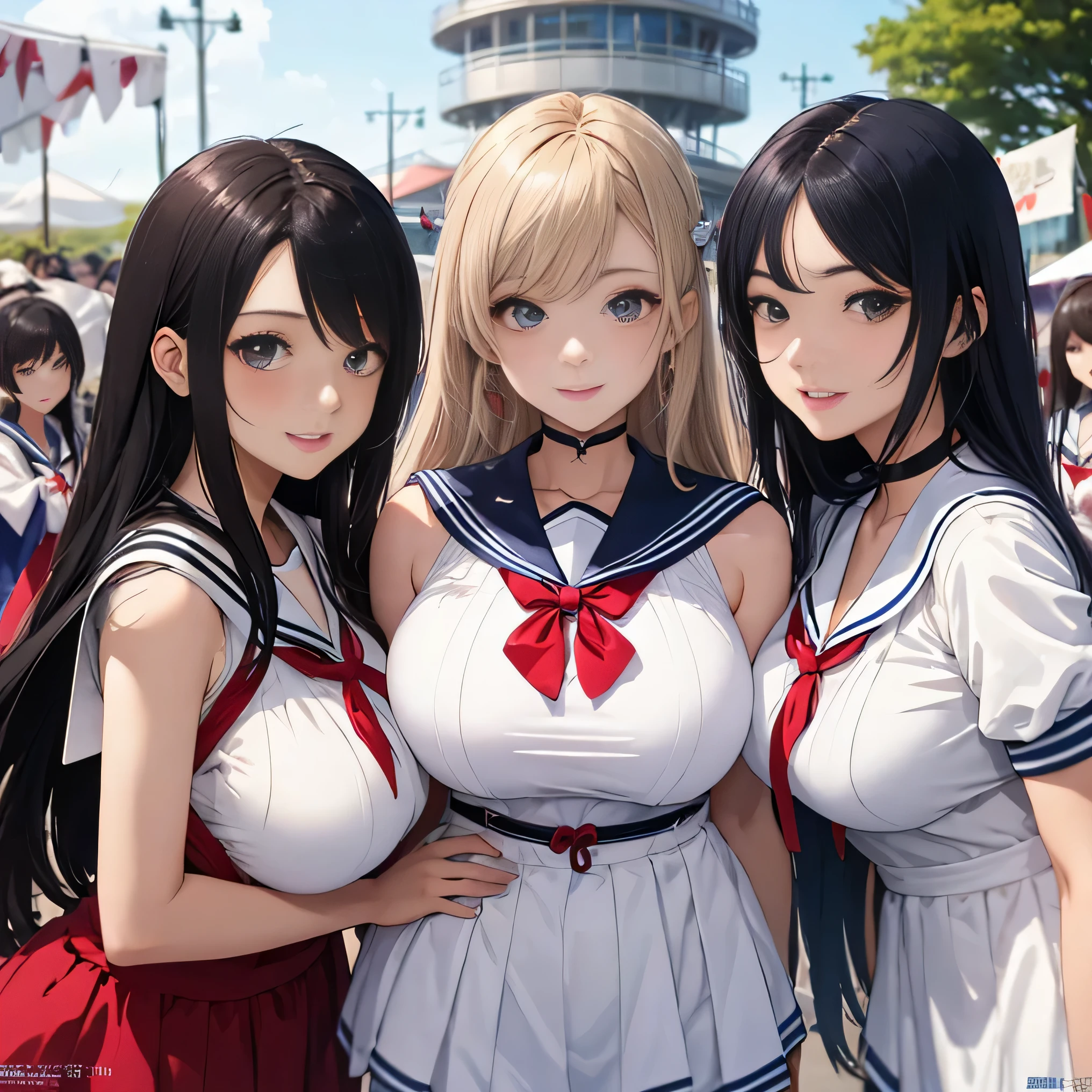 highest quality、High resolution、8K、cute beauty、detailed background、beautiful and detailed face、beautiful and smooth skin、skin texture、Beautiful teenage girl、(5 women)、(big breasts:1.4)、sexual expression、Sexual cosplay style sailor suit、Anime series featuring warriors of justice.、Each character comes with a different colorful dress and accessories.。sexy pose、outdoor stage