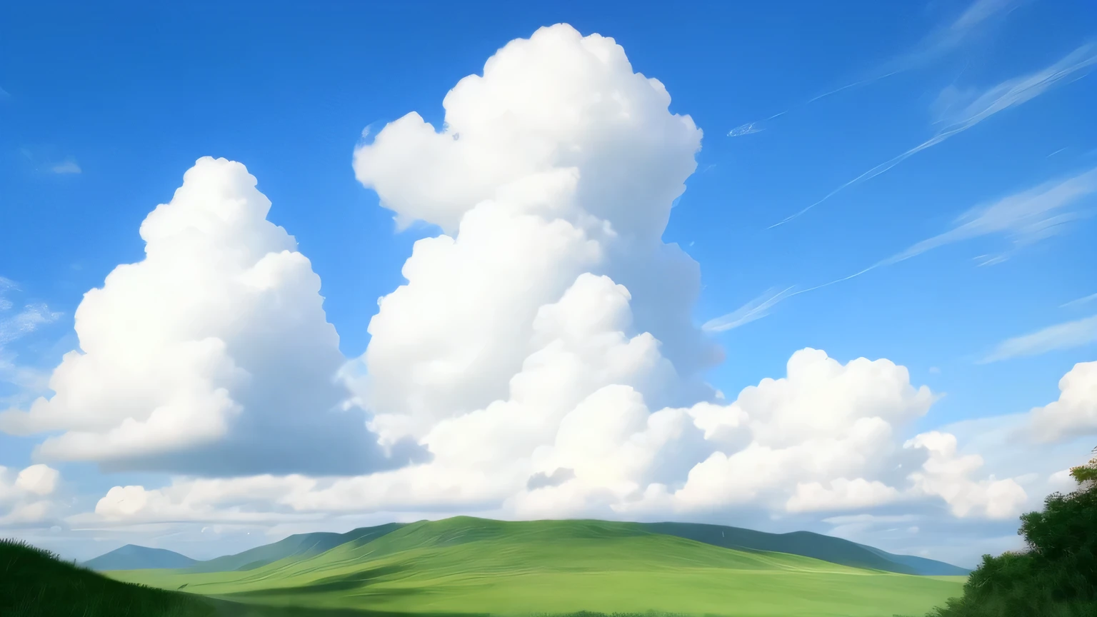 cloud-like face,Calm clouds, under the blue clouds, Peaceful puffy clouds, nature and clouds in background, Calm clouds, Scattered clouds, On a green hill, lonely scenery yet peaceful!!, specks in the sky, Beautiful fluffy clouds. anime, big sky, girl clouds, Taking to the skies, there is blue sky