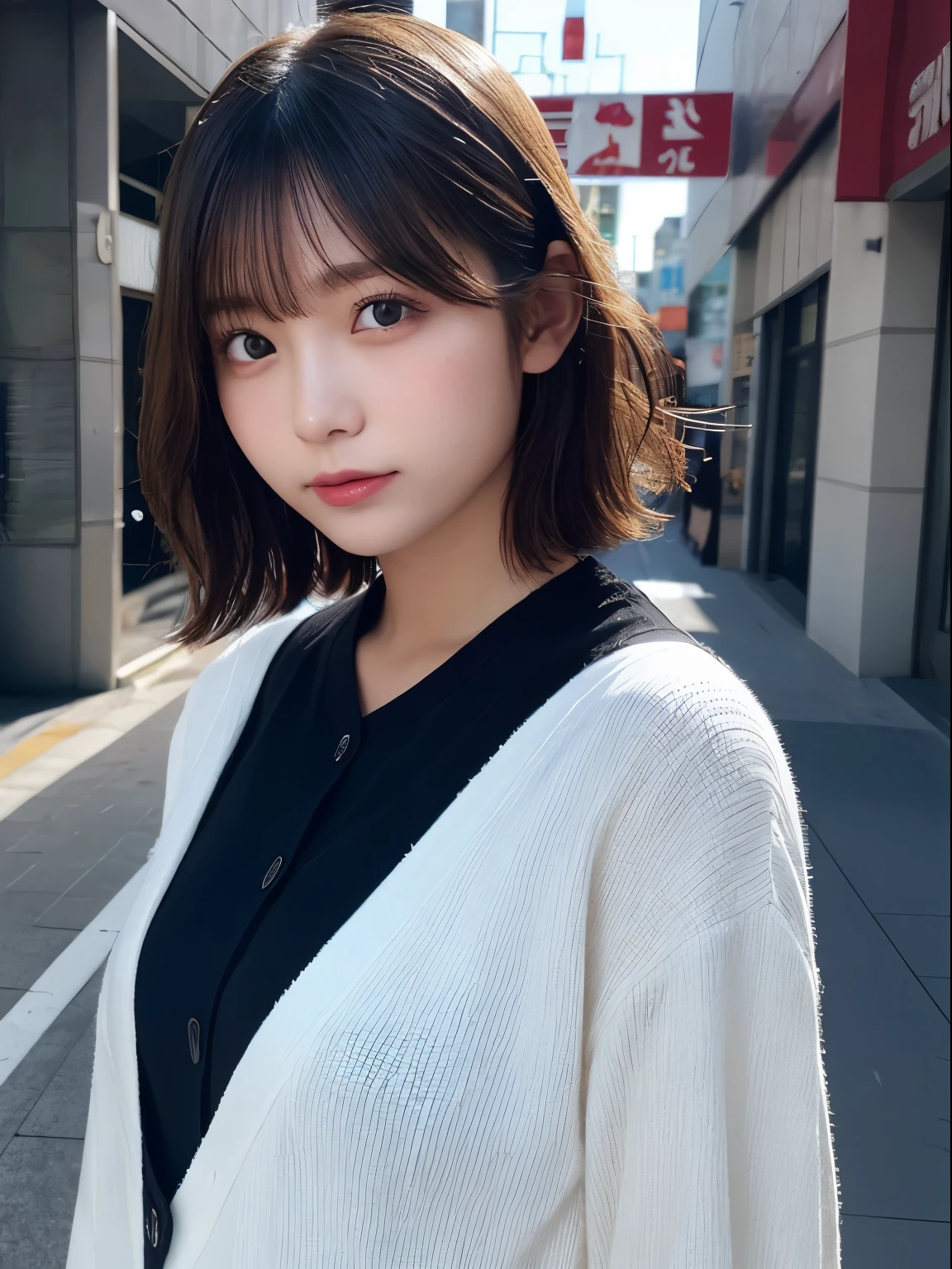 Detailed details,、hight resolution、hightquality、Perfect dynamic composition、Beautiful detailed eyes、short-hair、Small breasts、Natural Color Lip、Kamimei、Shibuya、20 years girl、1 persons、Transparent skin、Glowing hair、masutepiece、Best Quality、finely detail、hight resolution、8K、The correct state of the human body、randome pose、Gravure Model Pose、onepiece、cardigan、Hair soaring in the wind