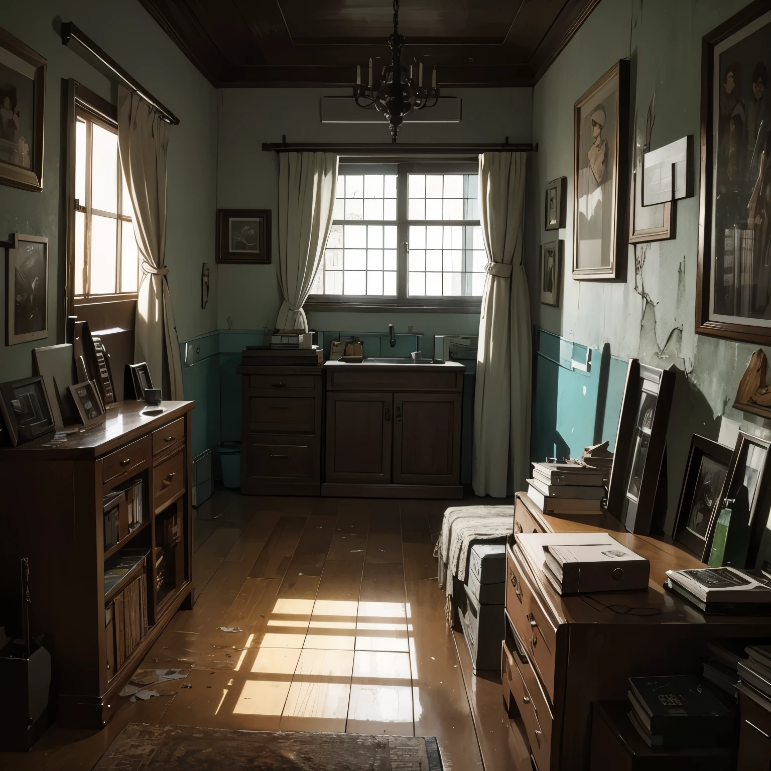 Russian apartment inside, moody lighting, dark and gloomy atmosphere, vintage aesthetic, faded colors, cracked paint, peeling wallpaper, dusty furniture, empty liquor bottles, abandoned books, old photographs, vintage radio, flickering candle light, lonely and desolate vibes, somber expression