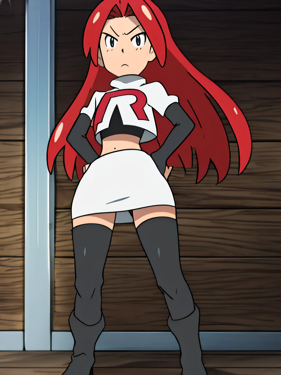 ((team rocket uniform,red letter r,white skirt,white crop top,black thigh-high boots,black elbow gloves,glaring angrily,looking at viewer,hands on hips,from below)),(best quality,4k,8k,highres,masterpiece:1.2),ultra-detailed,(realistic,photorealistic,photo-realistic:1.37),((HDR,UHD,studio lighting,extreme detail description,professional,portraits,red color scheme,dramatic lighting)),{{sexy squat on toilet, spread legs,black panties,astolfo fate,UHD}}